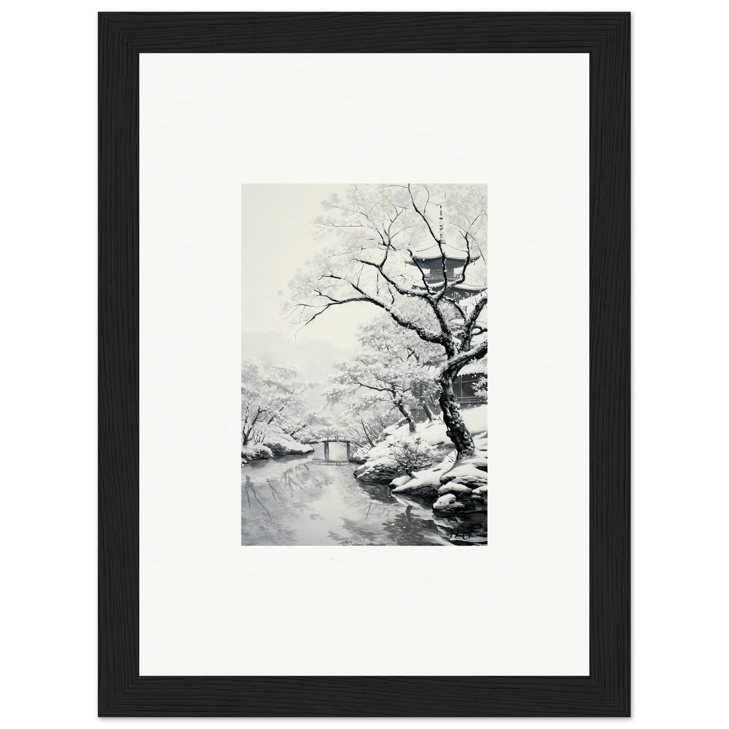 Black-framed artwork of a snowy winter landscape from Chilled Lunar Embrace collection