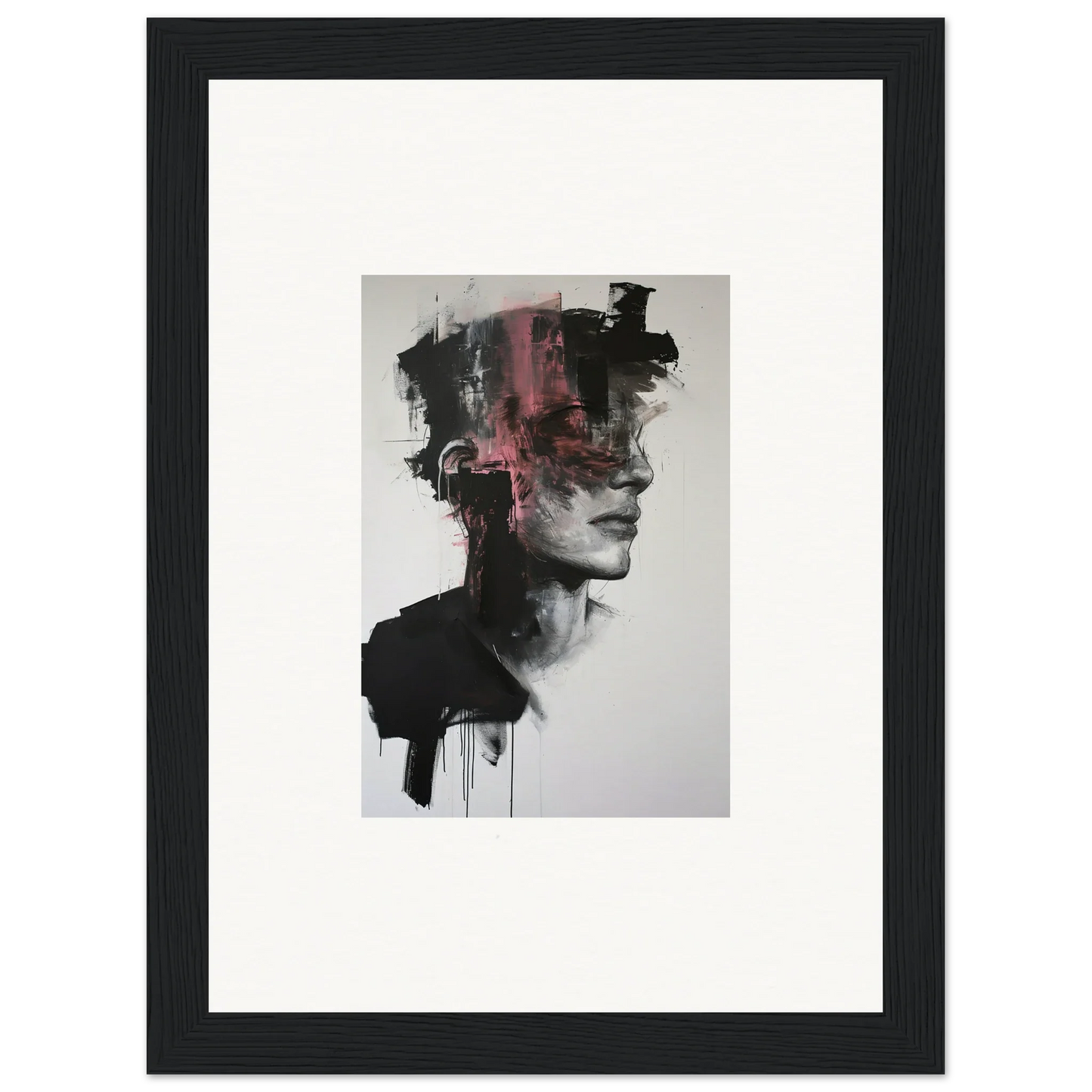 Abstract portrait with black and pink brushstrokes in the Fragmented Psyche Canvas