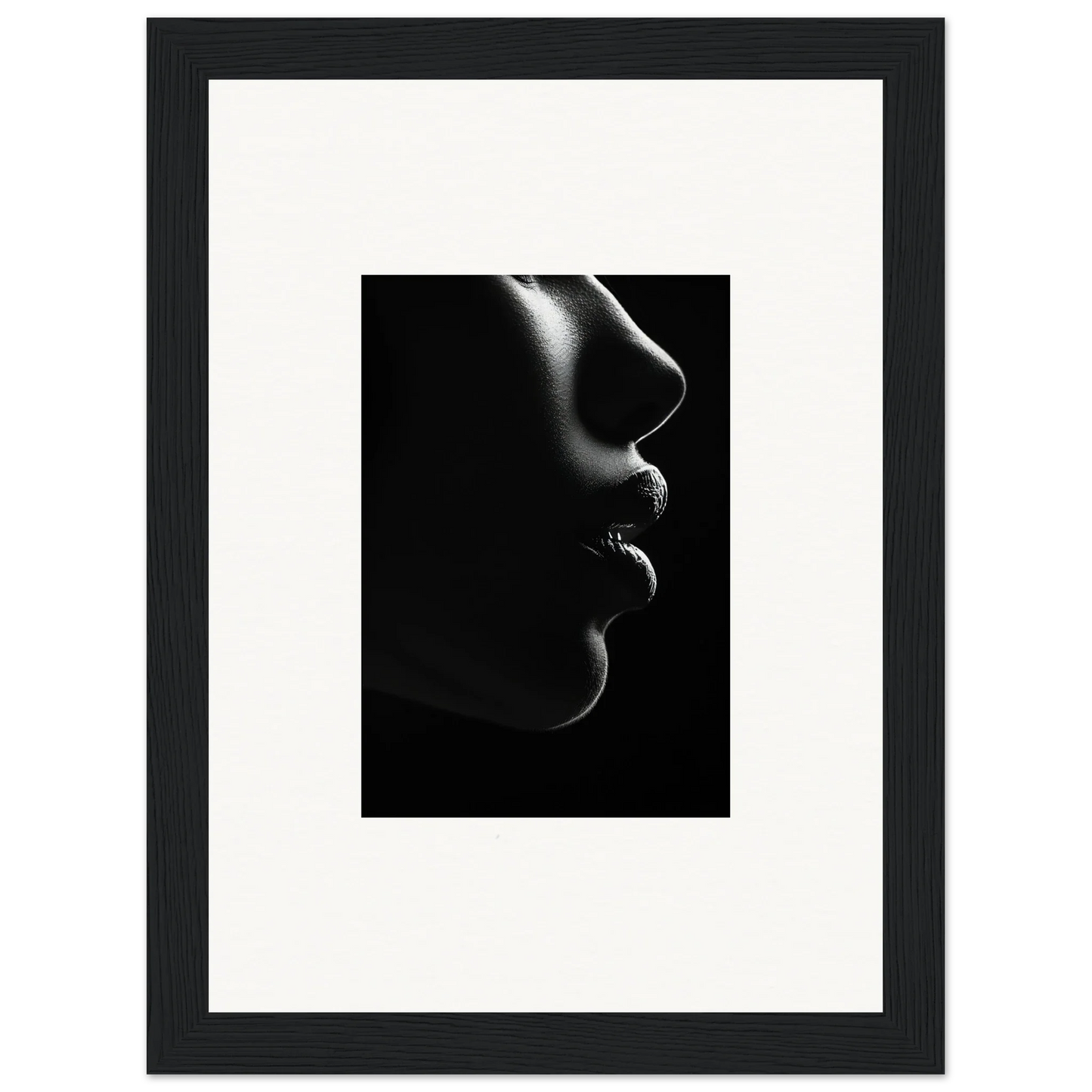 Profile silhouette of lips and nose in Silver Twilight Whispers framed poster art