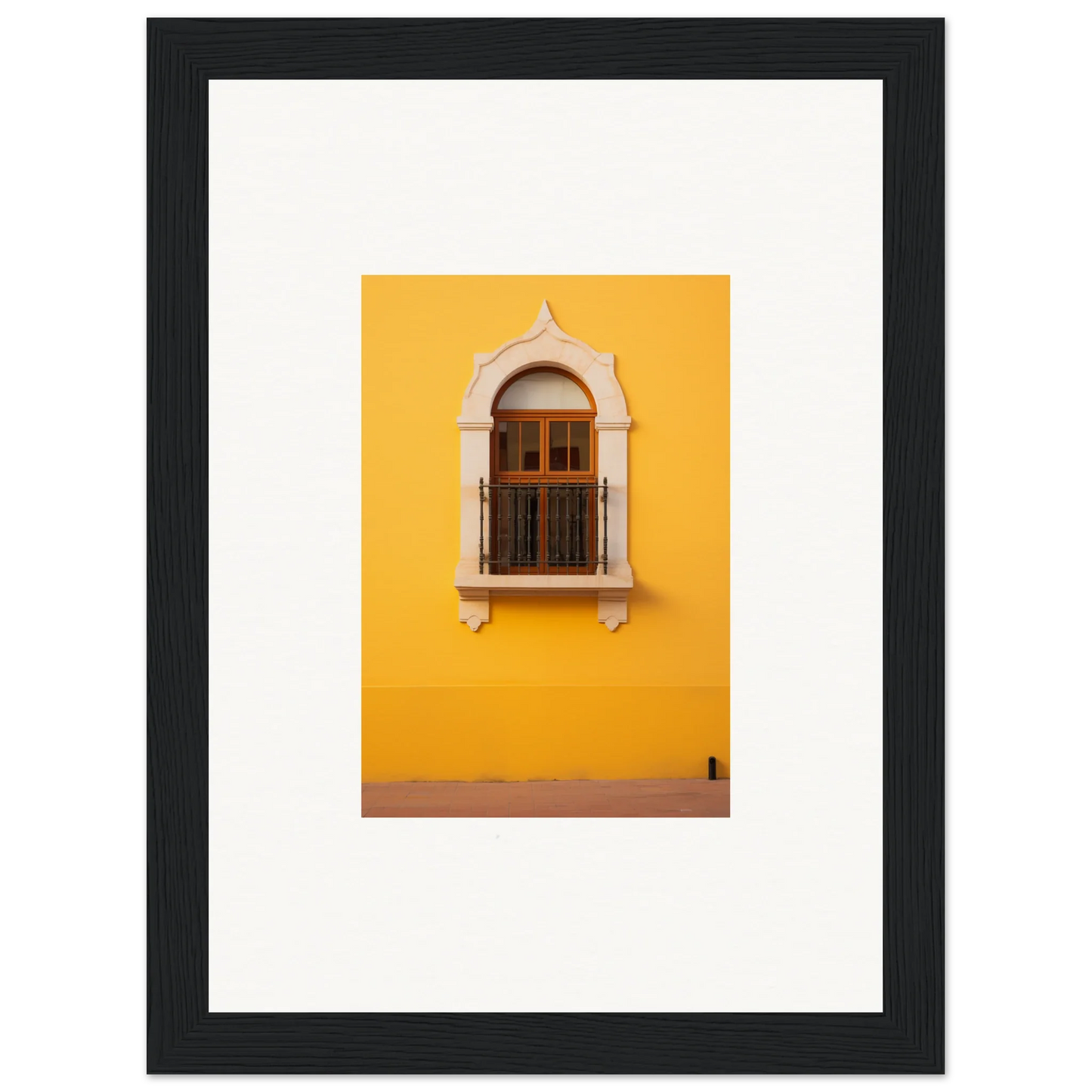 Ornate arched window with wooden shutters on a bright yellow wall in Golden Portal Reverie