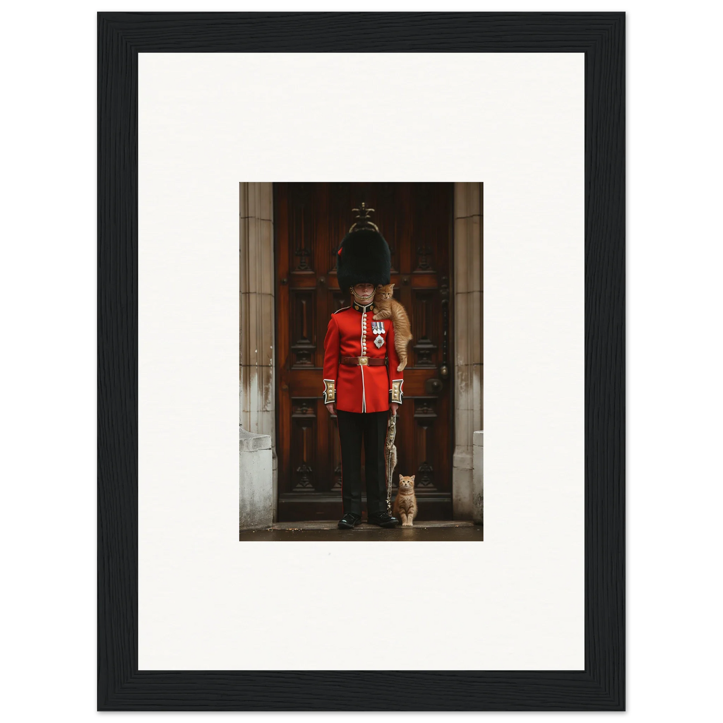 God Save the Queen and the Cats art features a Queen’s Guard with a cat in red uniform