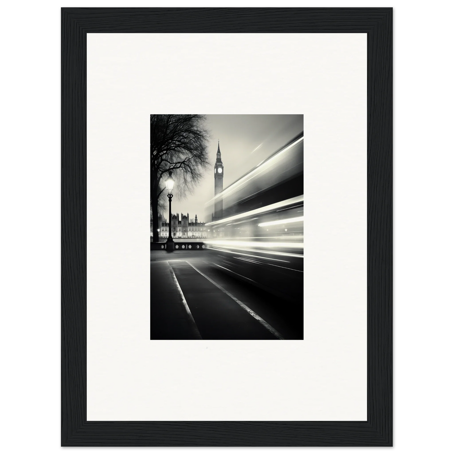 Black and white Big Ben photo with light trails, part of Fluid Timeless Pulse art collection