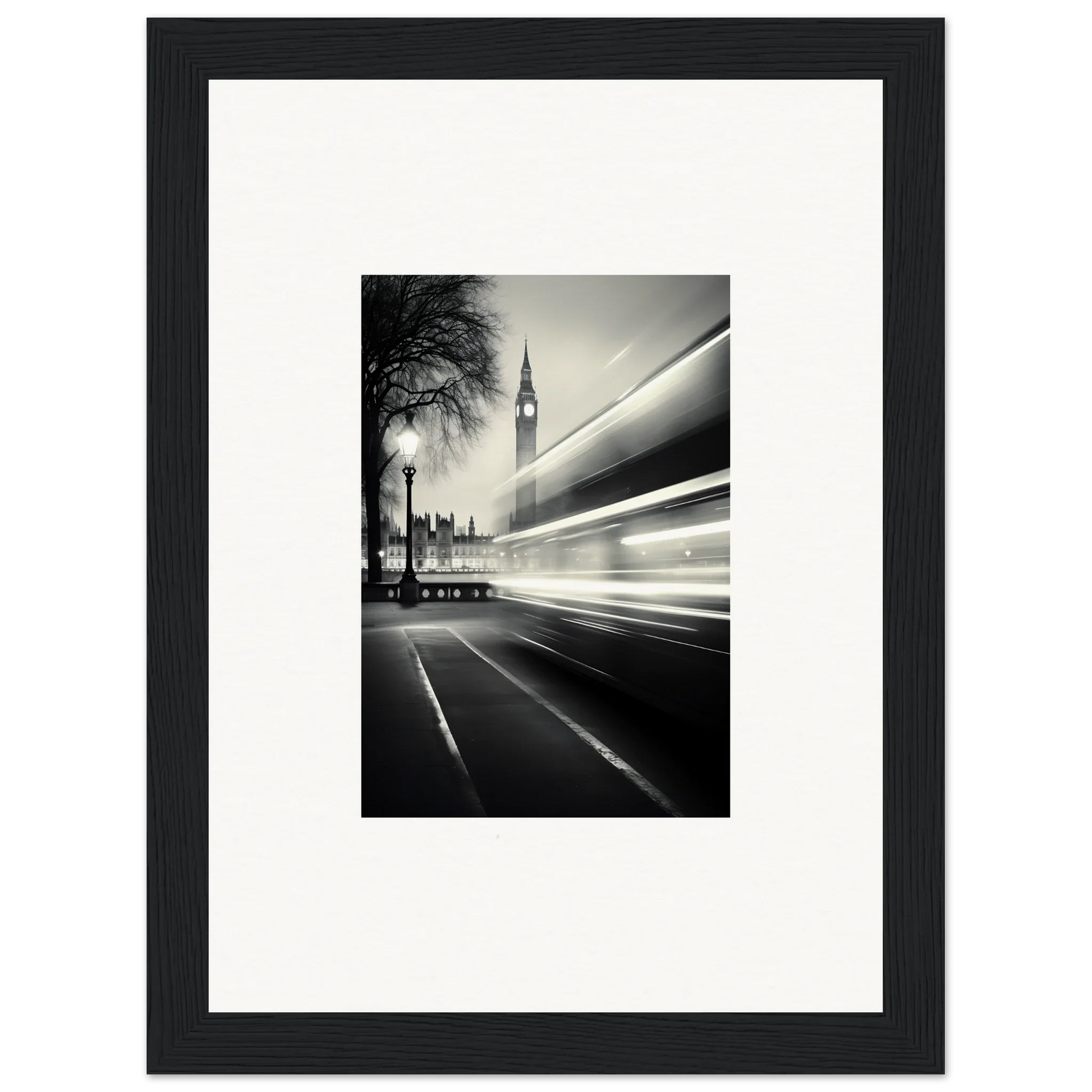 Black and white Big Ben photo with light trails, part of Fluid Timeless Pulse art collection