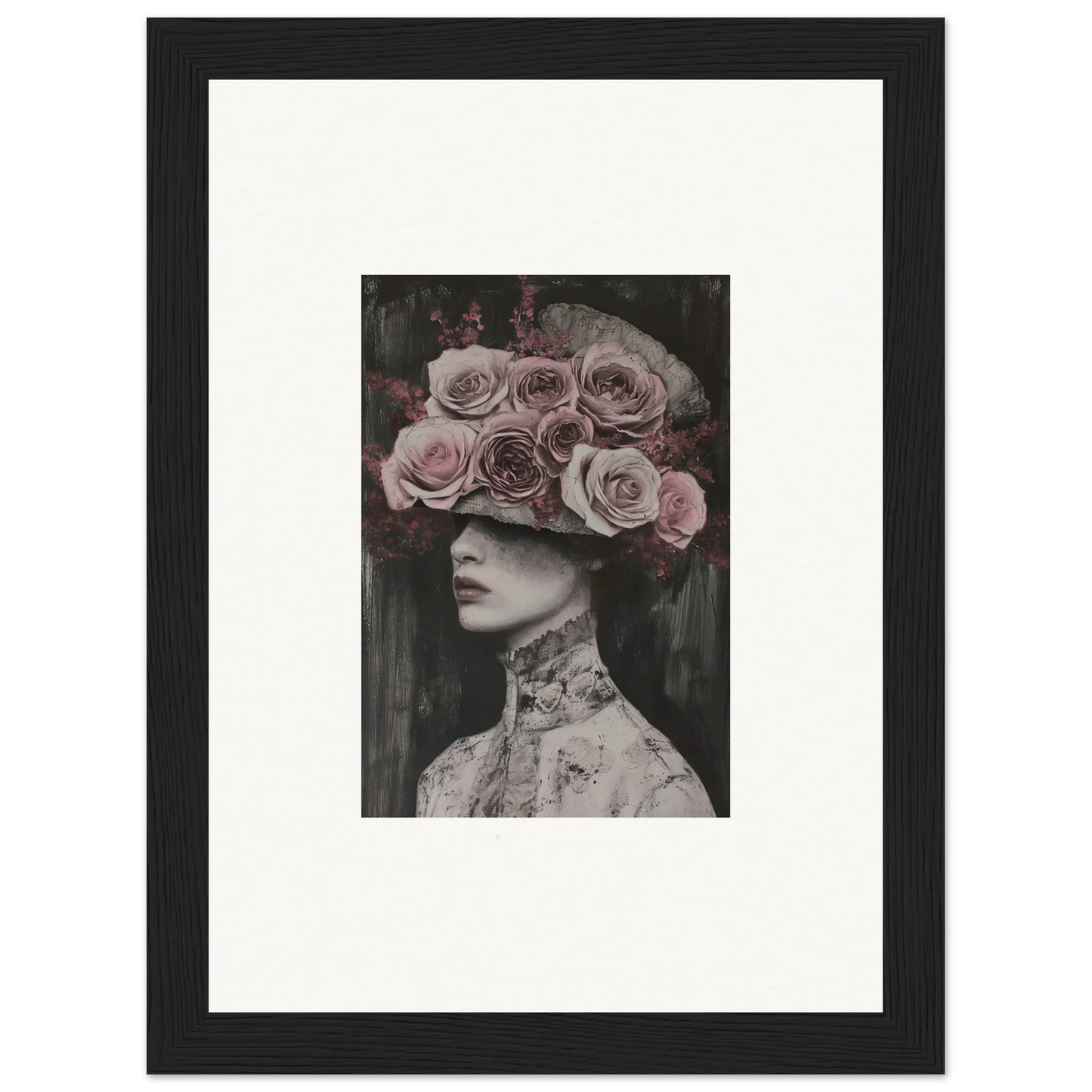 Black and white image of a figure in an ornate hat and lace collar, Floral Odyssey Veil
