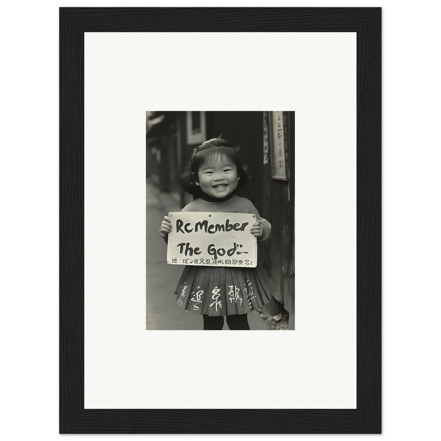 A child holding a sign in Sacred Smile Echoes framed wall art in black and white