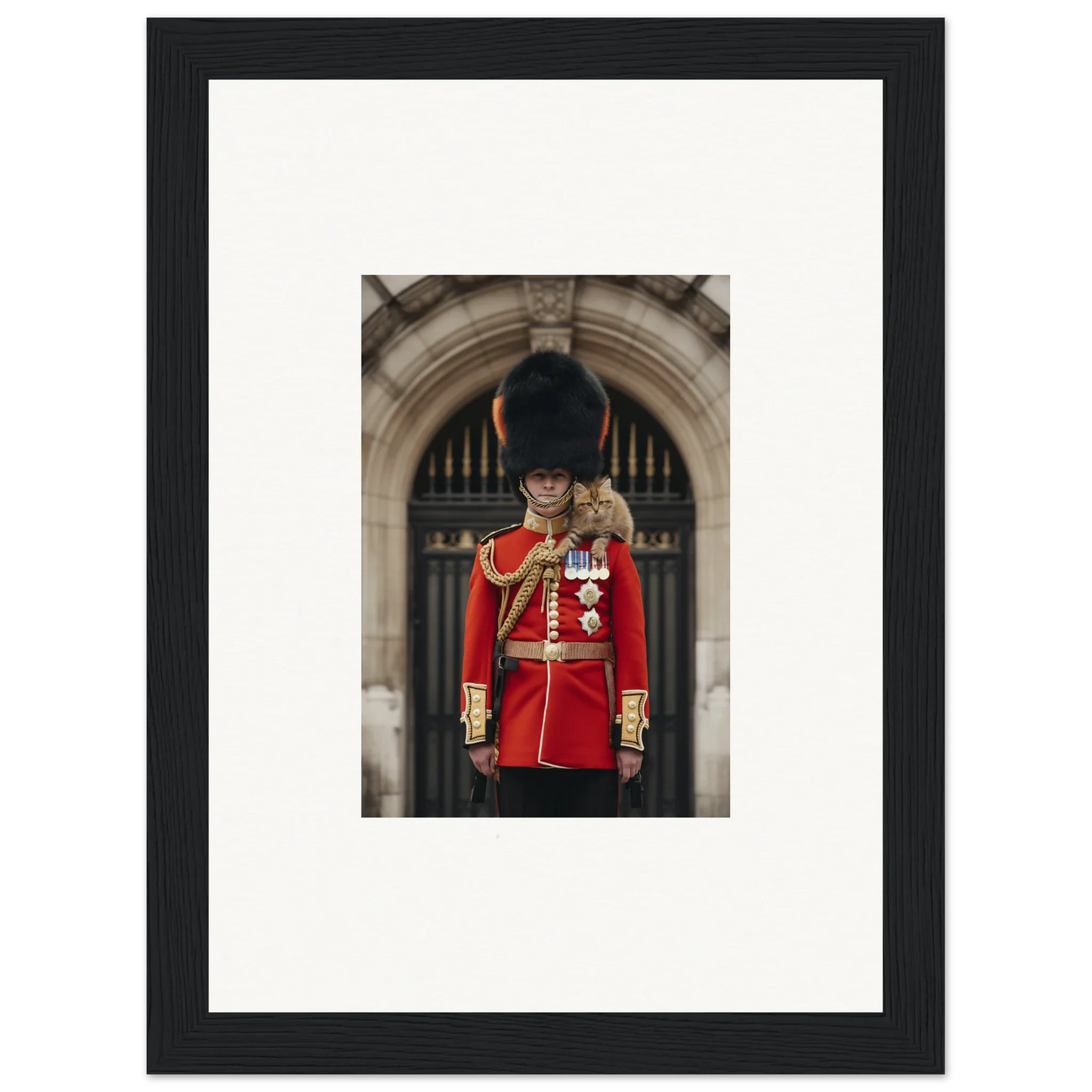 Queen’s Guard in red uniform with bearskin hat for Royal Red Reverie framed wall art