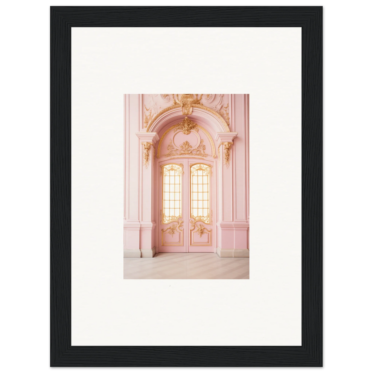 Ornate pink double doors with arched windows in Ethereal Rose Haven framed wall art