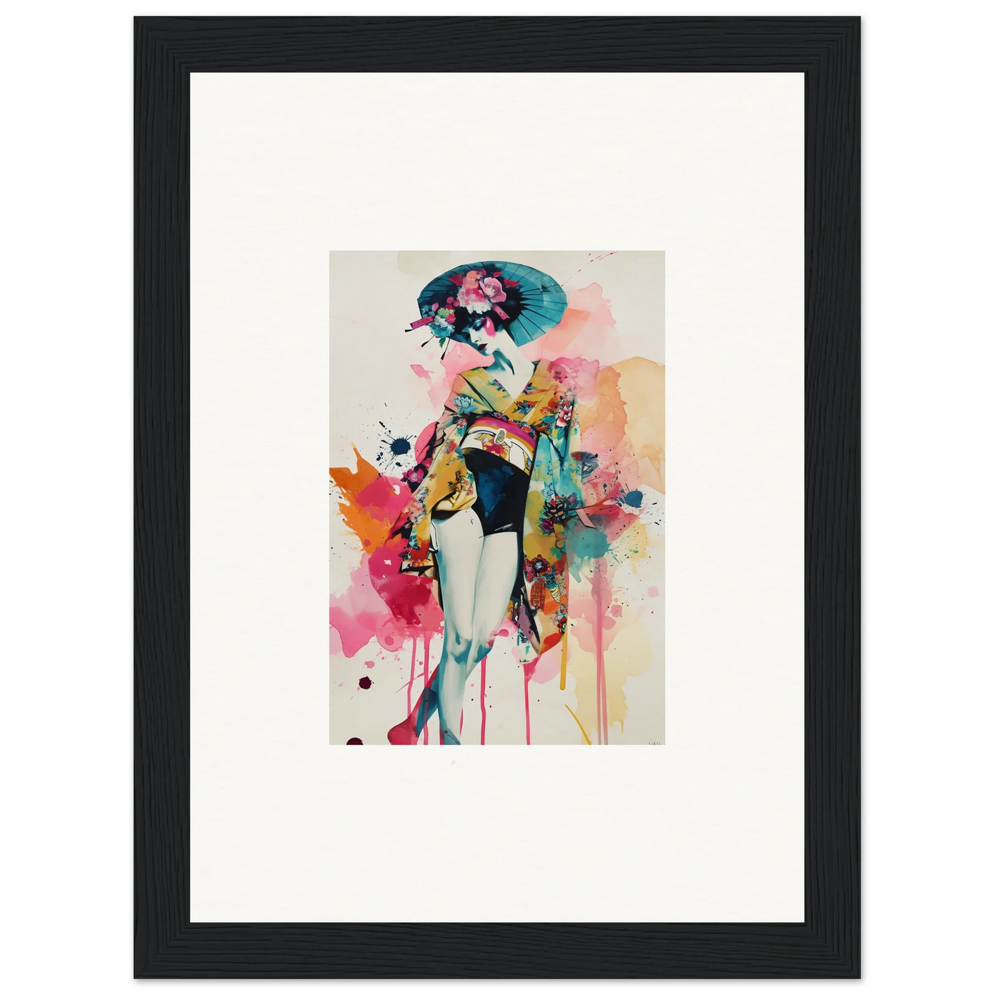 Colorful abstract painting of a geisha, perfect for vibrant room decoration as canvas print