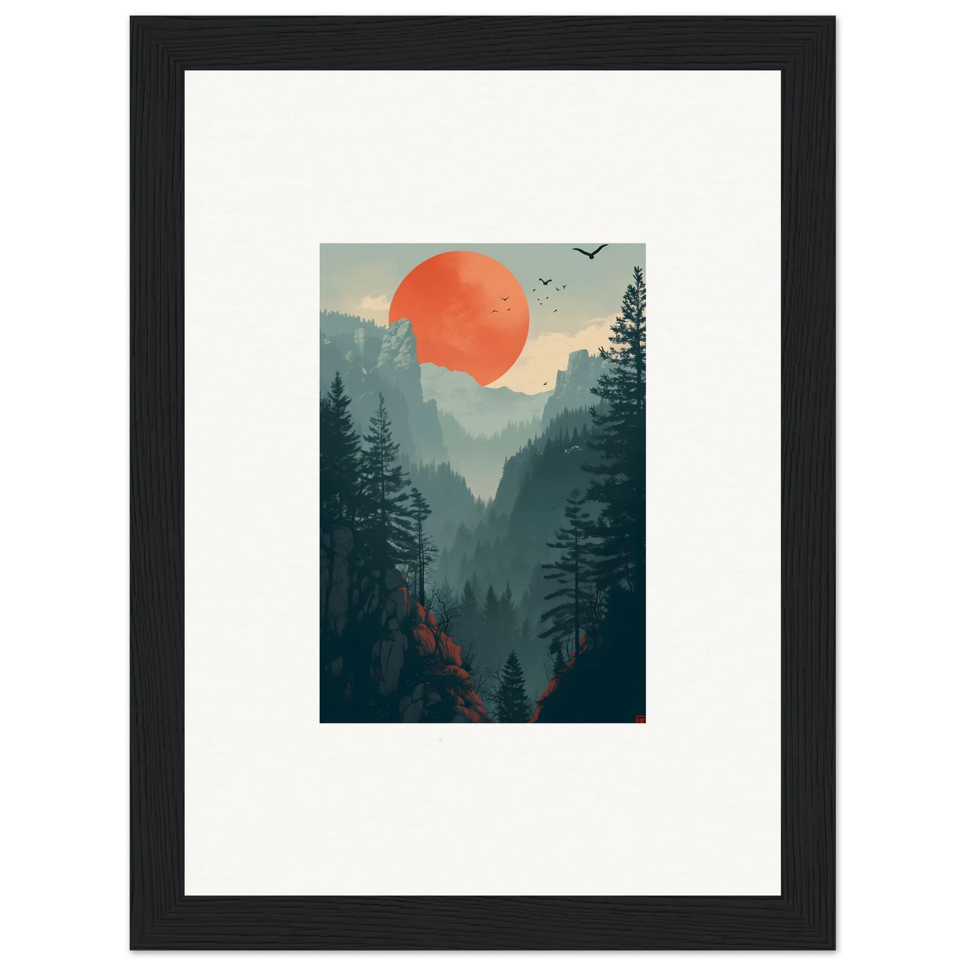 Stylized forest landscape canvas print with mountains and sun for room decoration
