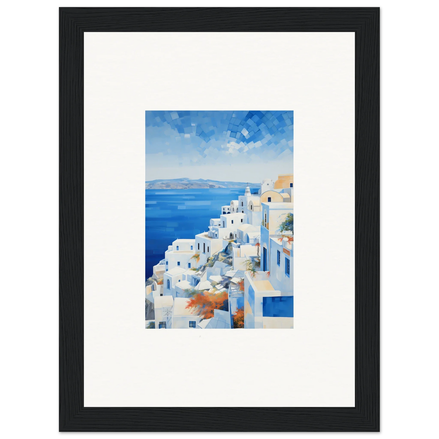 Framed wall art of white buildings in Santorini for Ethereal Azure Echoes collection