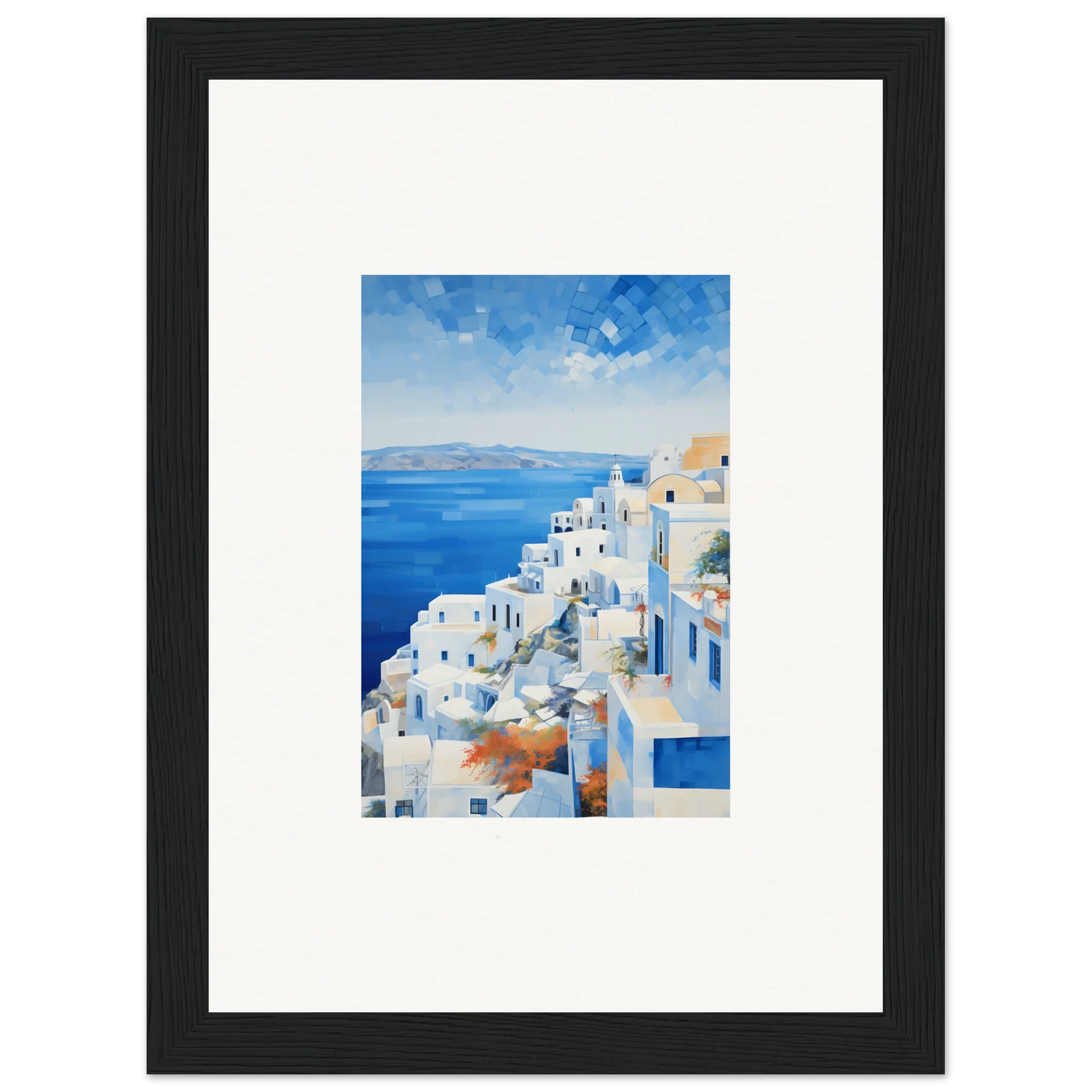 Framed wall art of white buildings in Santorini for Ethereal Azure Echoes collection