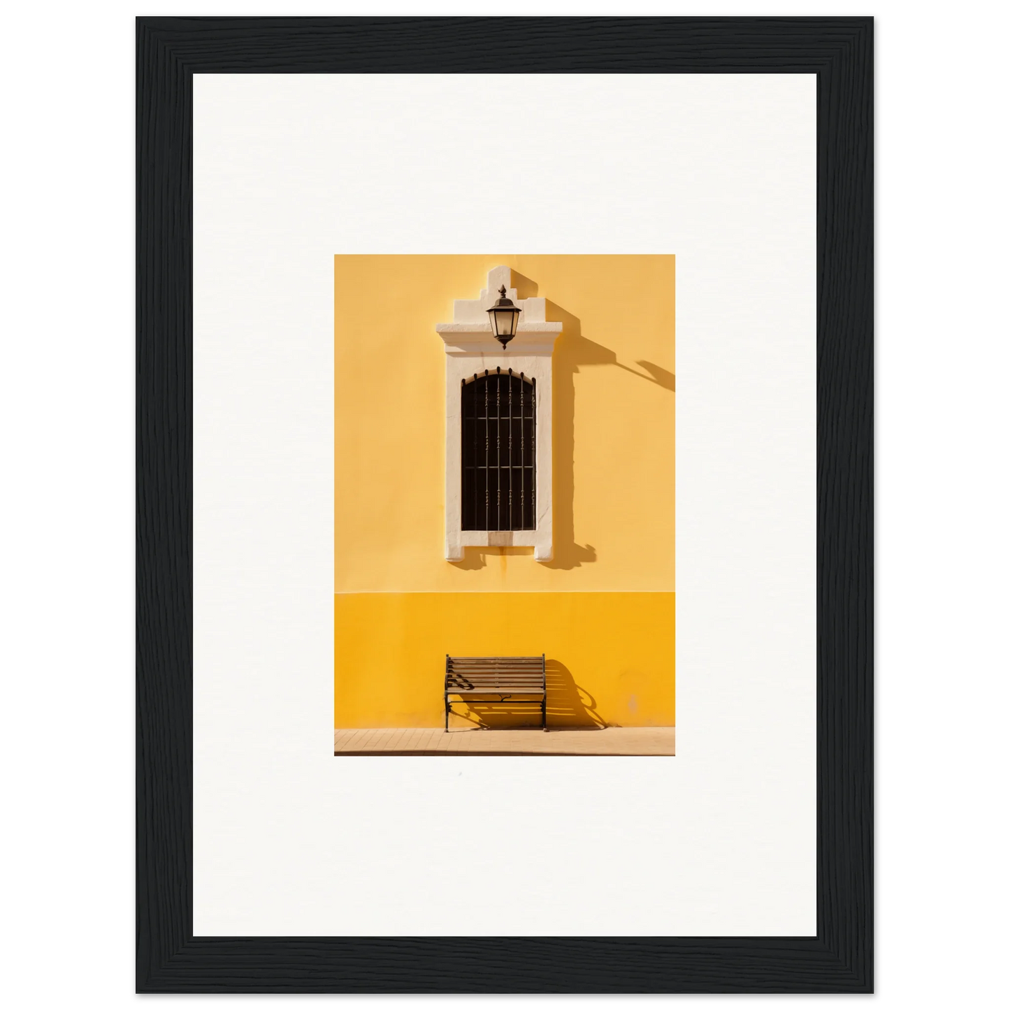 Framed photograph of a yellow wall with a window and bench, perfect for Six-Light Cult Optionsky