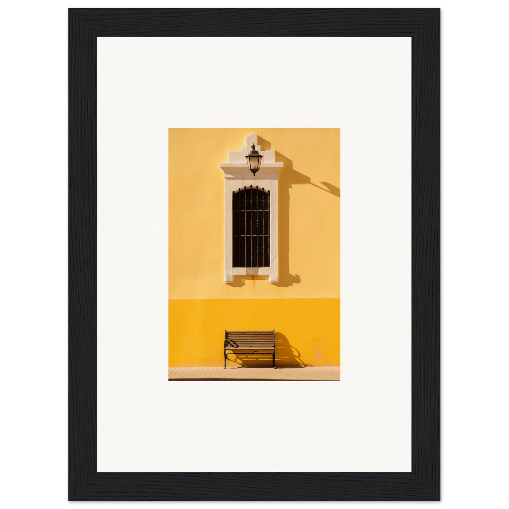 Framed photograph of a yellow wall with a window and bench, perfect for Six-Light Cult Optionsky