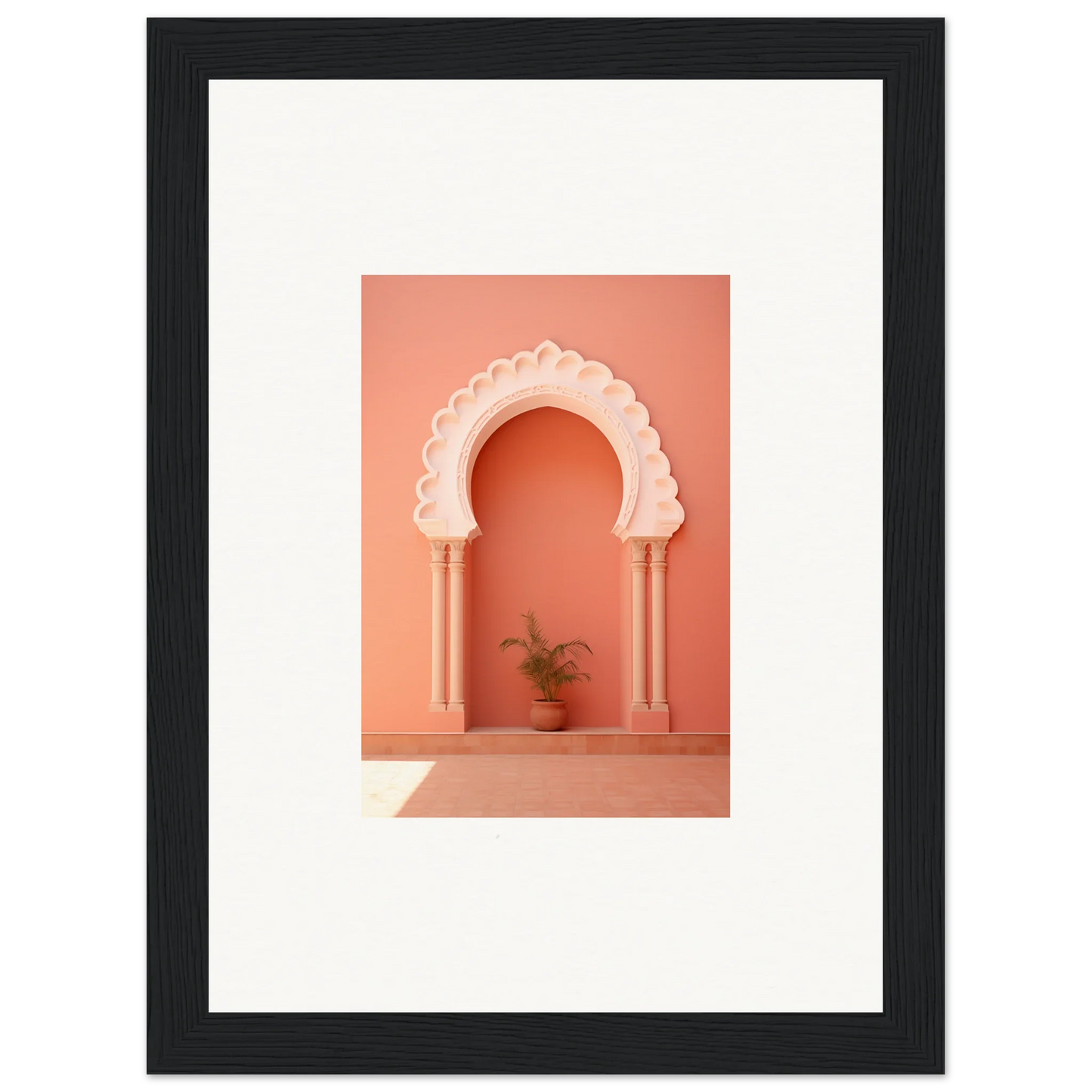 Decorative archway with scalloped detailing in a peachy coral tone for Narco Échappatoire Portal