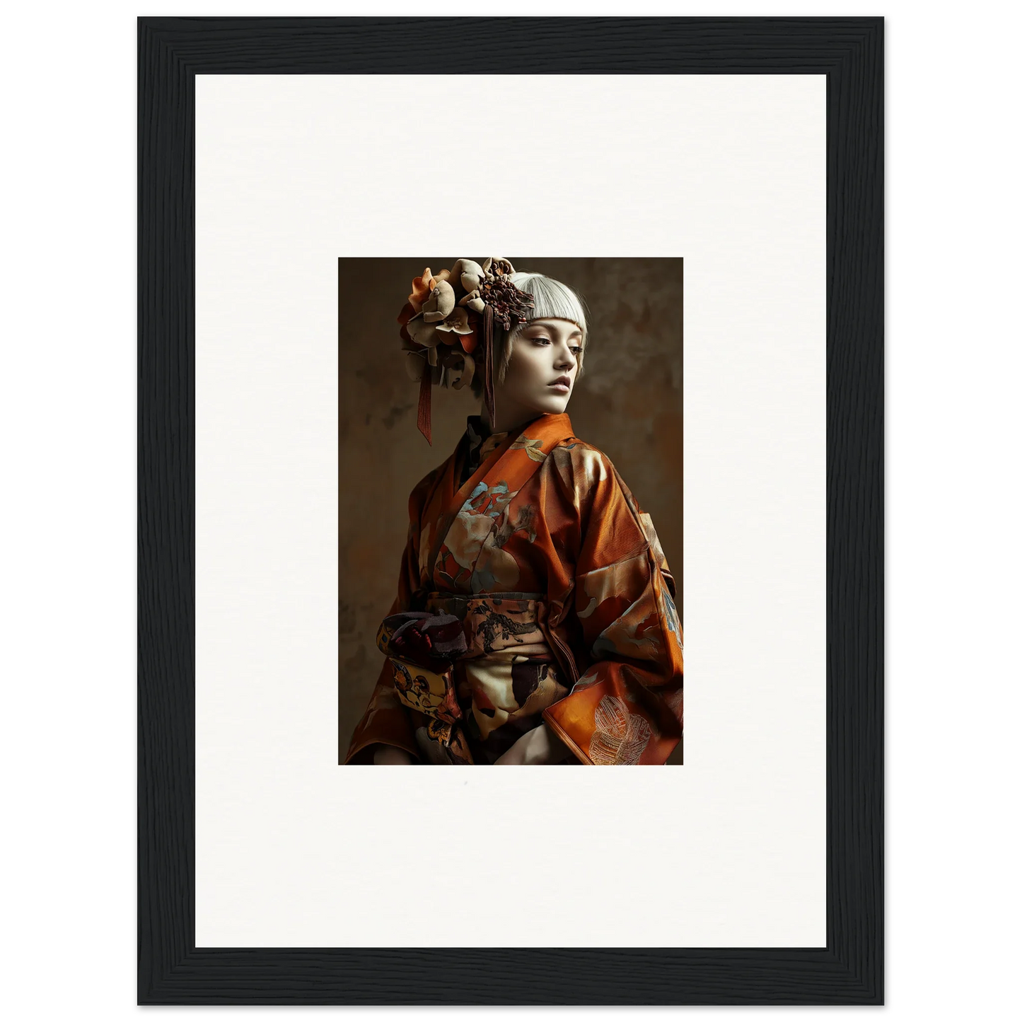 Framed portrait of a woman in geisha attire, perfect wall art for room decoration