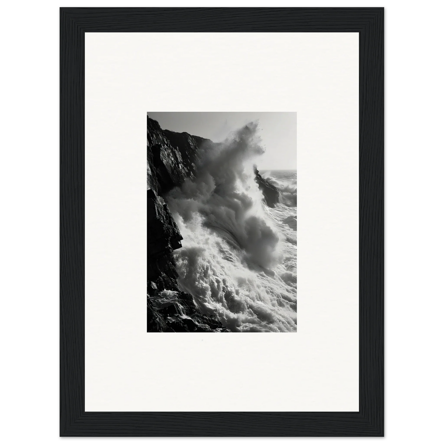 Dramatic ocean waves crash on cliffs in Ephemeral Echoes Surge framed wall art