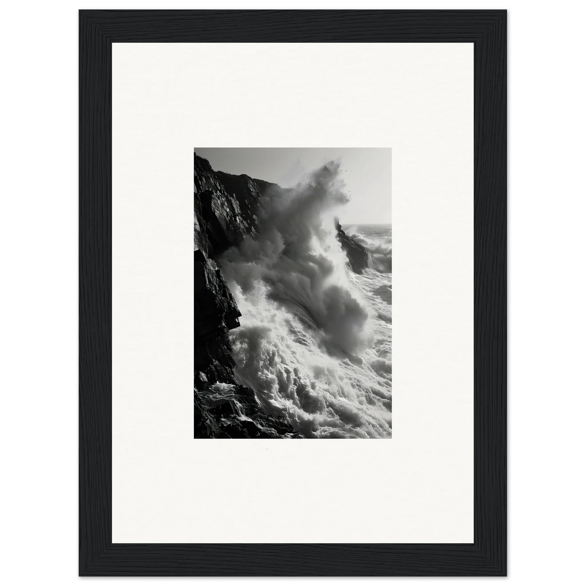 Dramatic ocean waves crash on cliffs in Ephemeral Echoes Surge framed wall art