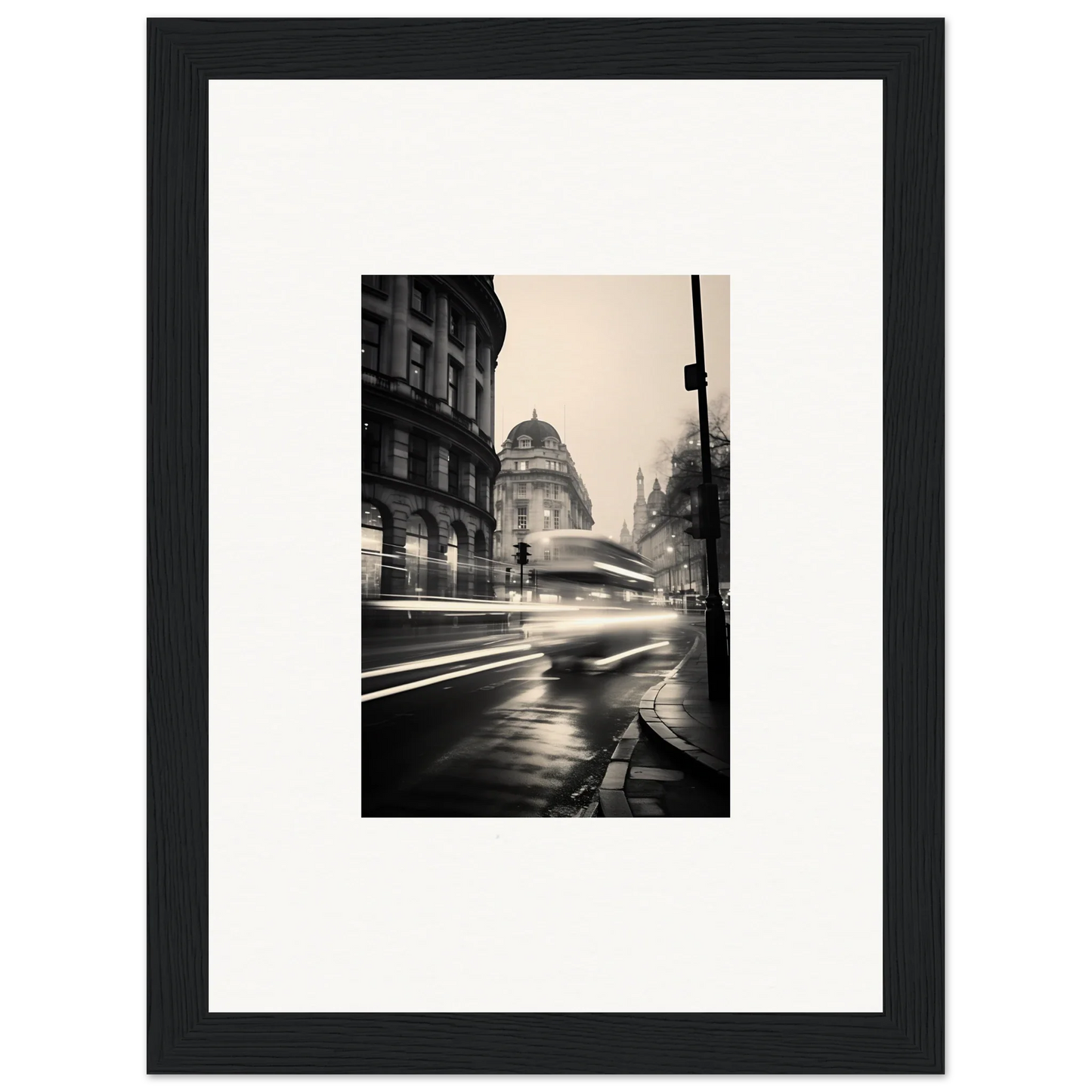 Black-framed photo of light streaks on a rainy street, Ethereal Citypulse Reverie art