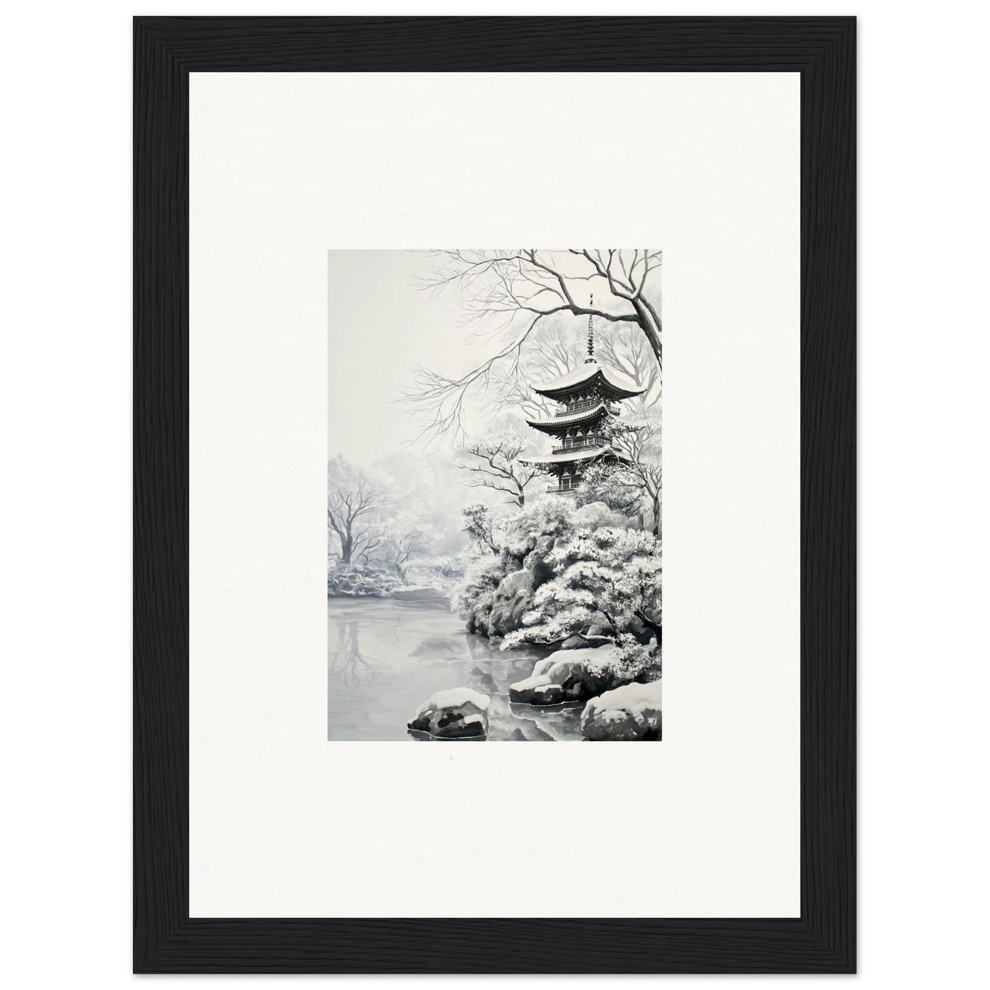 Black and white ink painting of a Japanese pagoda at Crystallized Blossom Oasis
