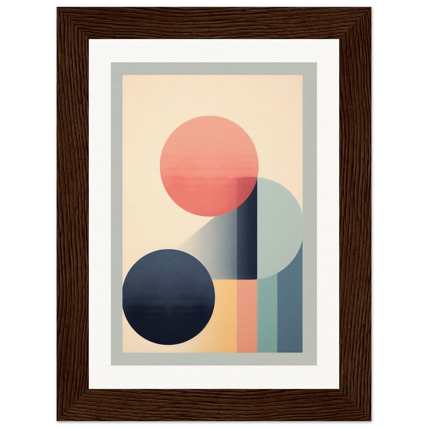 Abstract geometric artwork featuring circles and curved shapes in muted pastel colors.
