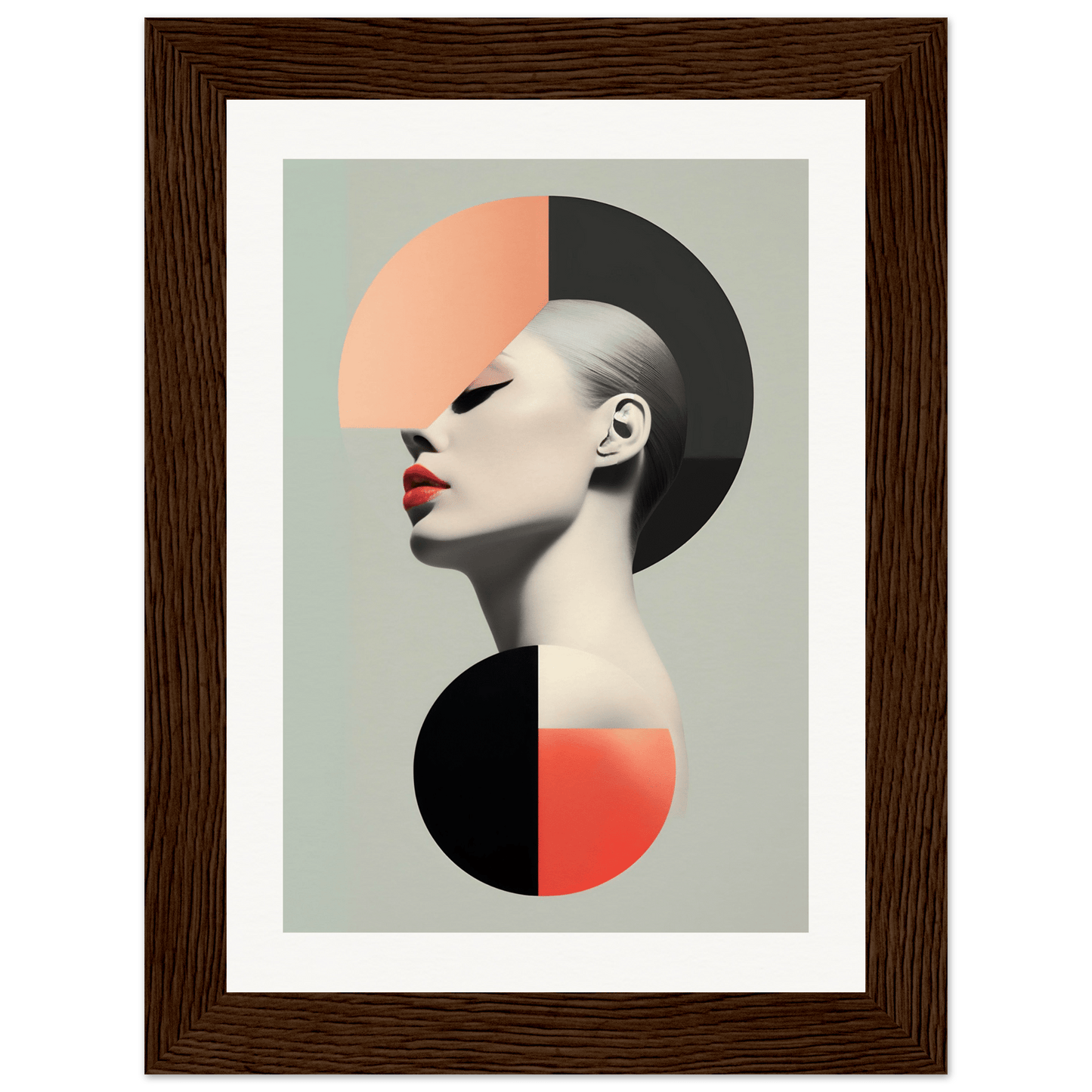 Stylized portrait combining geometric shapes and a profile view of a figure with bold red lips.