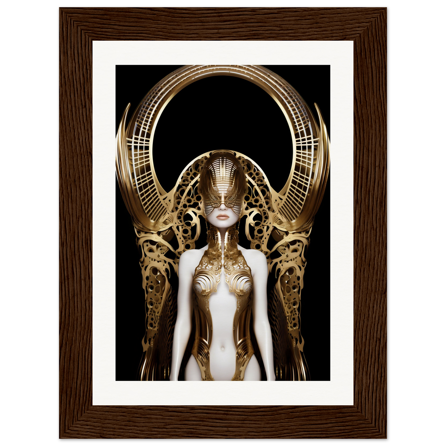 Ornate golden headdress and body adornment on a stylized feminine figure.