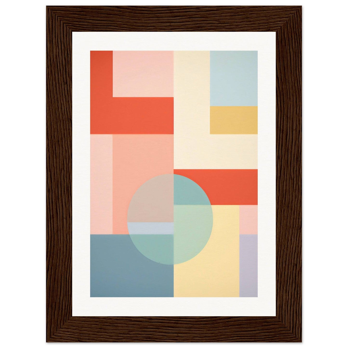 Abstract geometric artwork featuring pastel-colored shapes and a circular element, framed in dark wood.