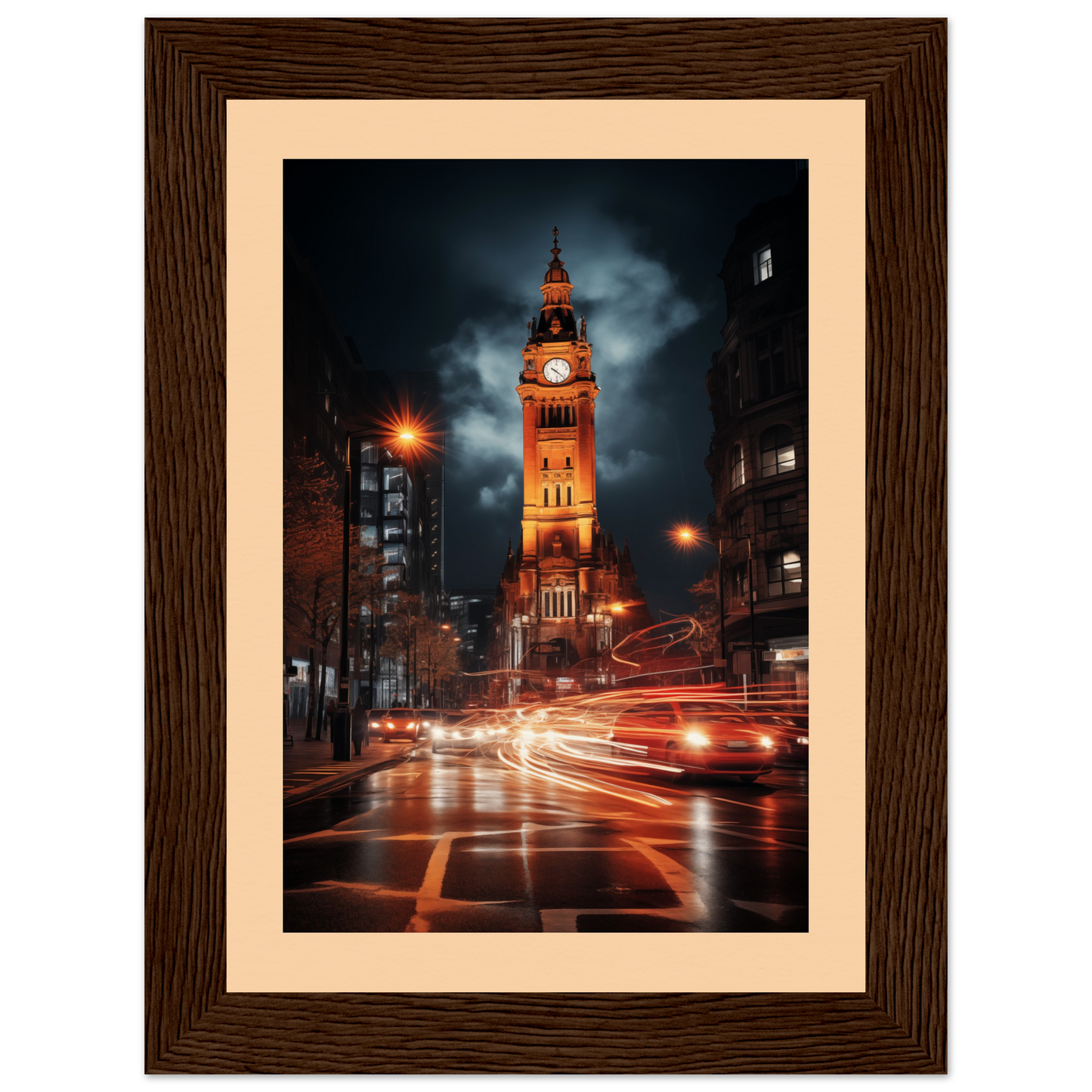 Illuminated clock tower at night with light trails from traffic in the foreground.