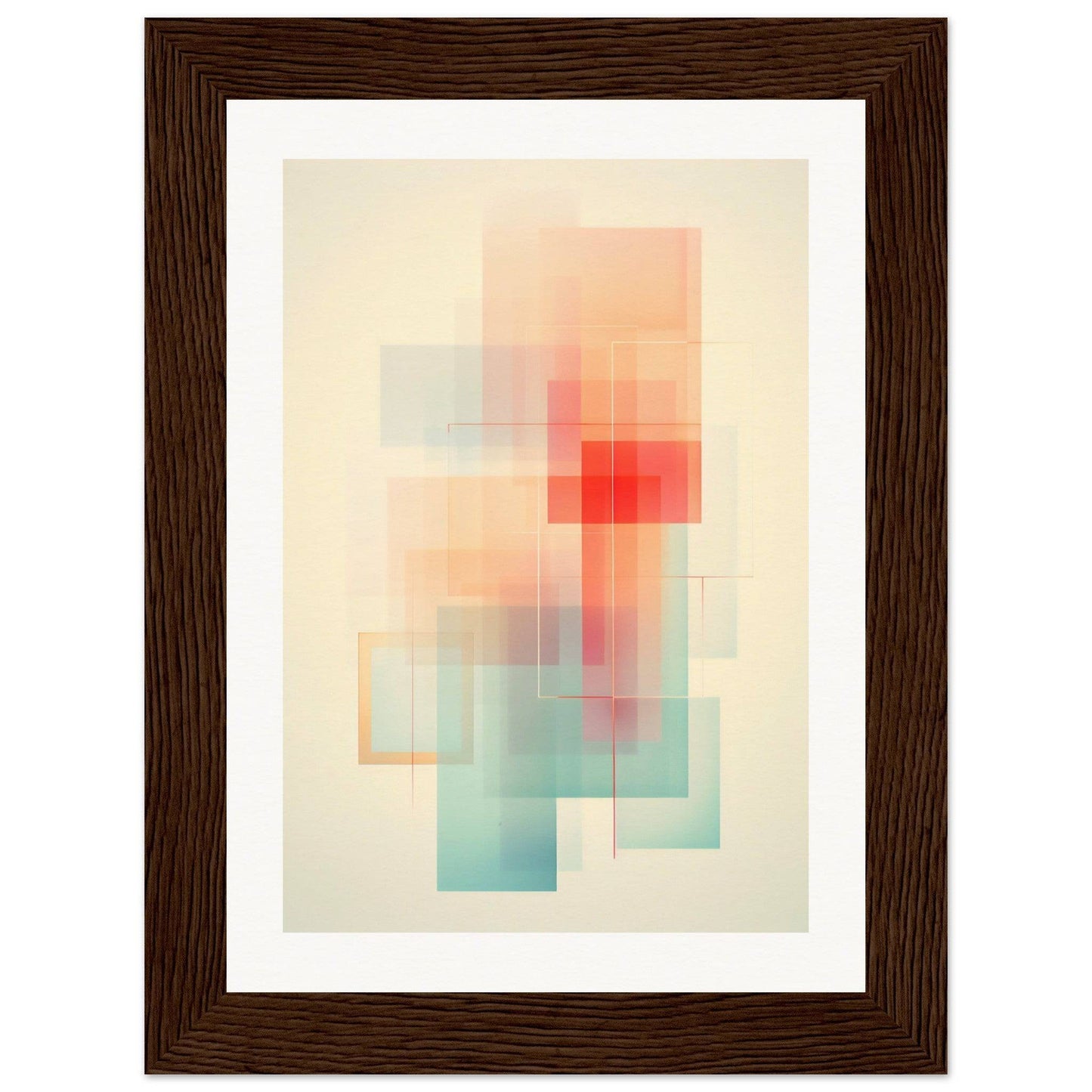 Abstract artwork featuring soft, blended geometric shapes in pastel colors framed in dark wood.