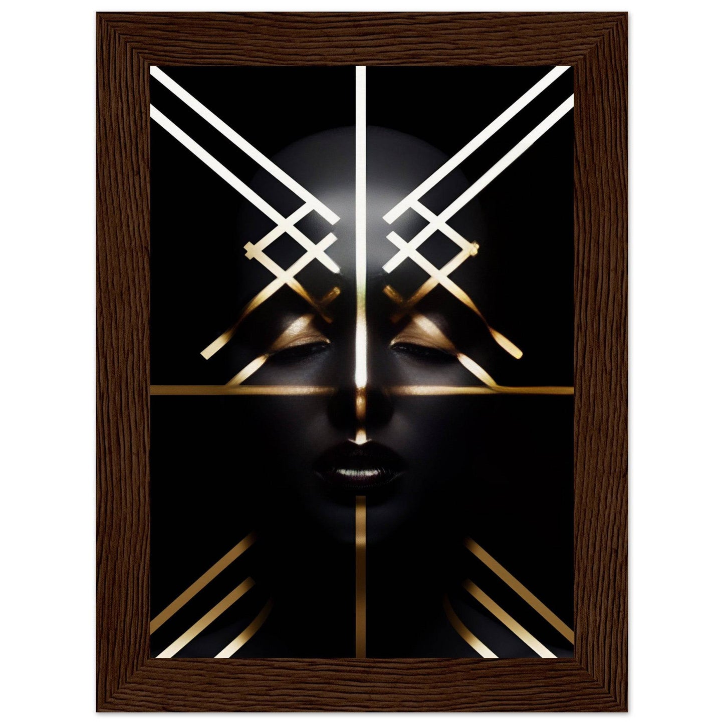 Abstract geometric face design with glowing white and gold lines on a black background.