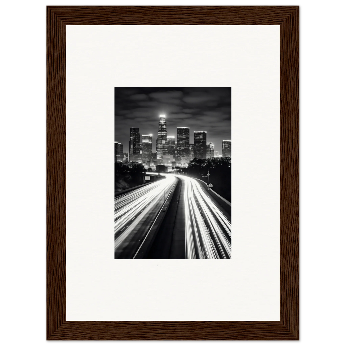 Black and white city skyline with traffic light trails, perfect for framed wall art