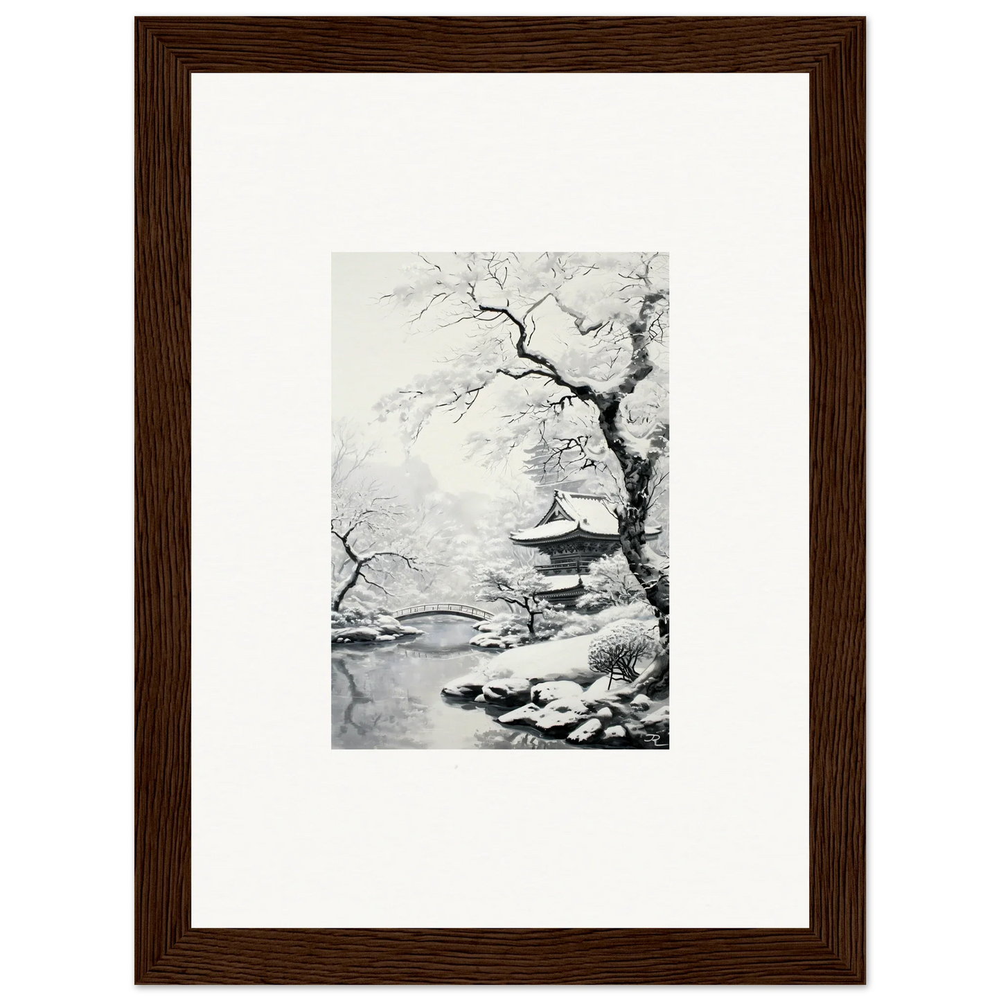 Framed black and white artwork of a pagoda in snow for Winter Embrace Whisper