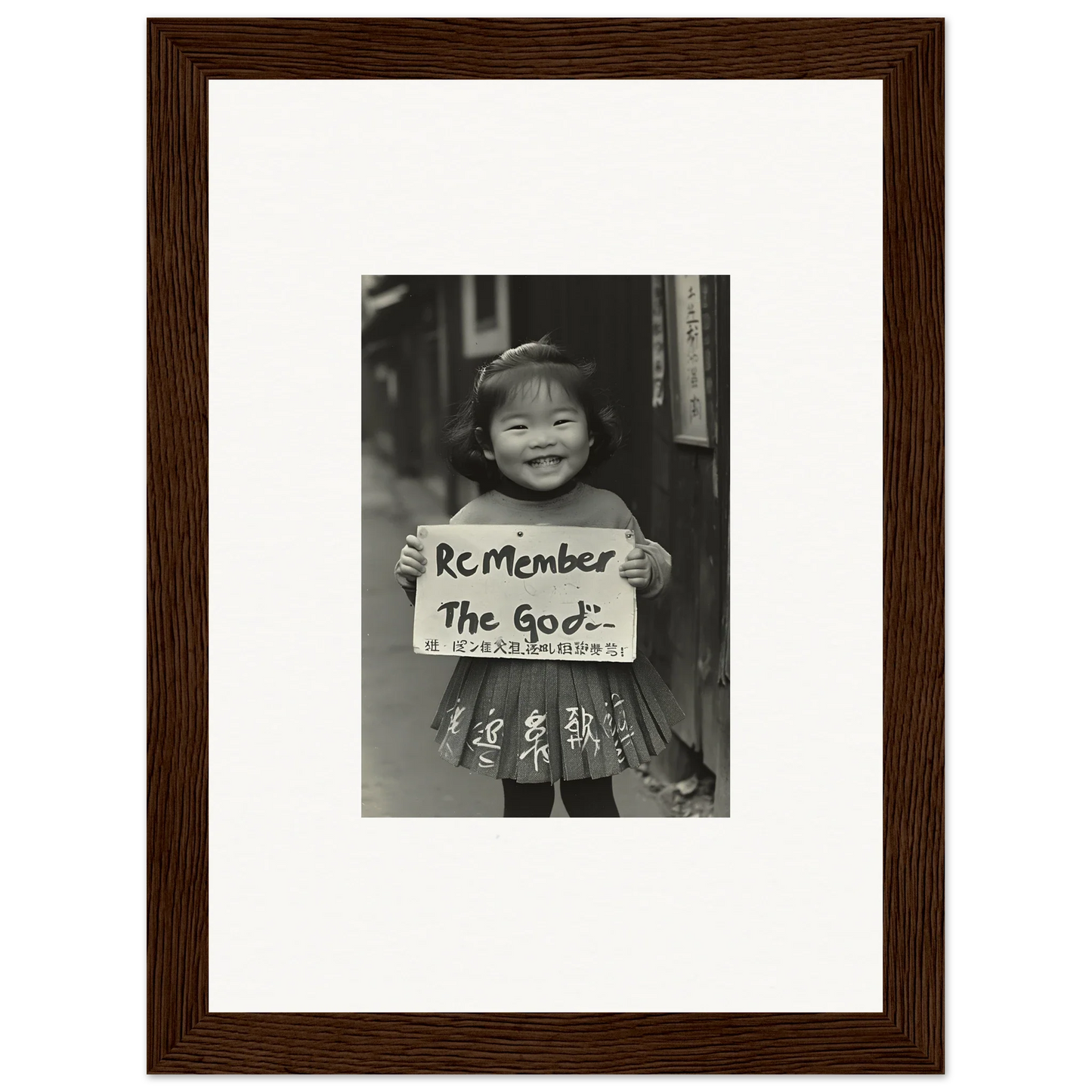 Black and white photo of a child with a sign, part of Sacred Smile Echoes wall art