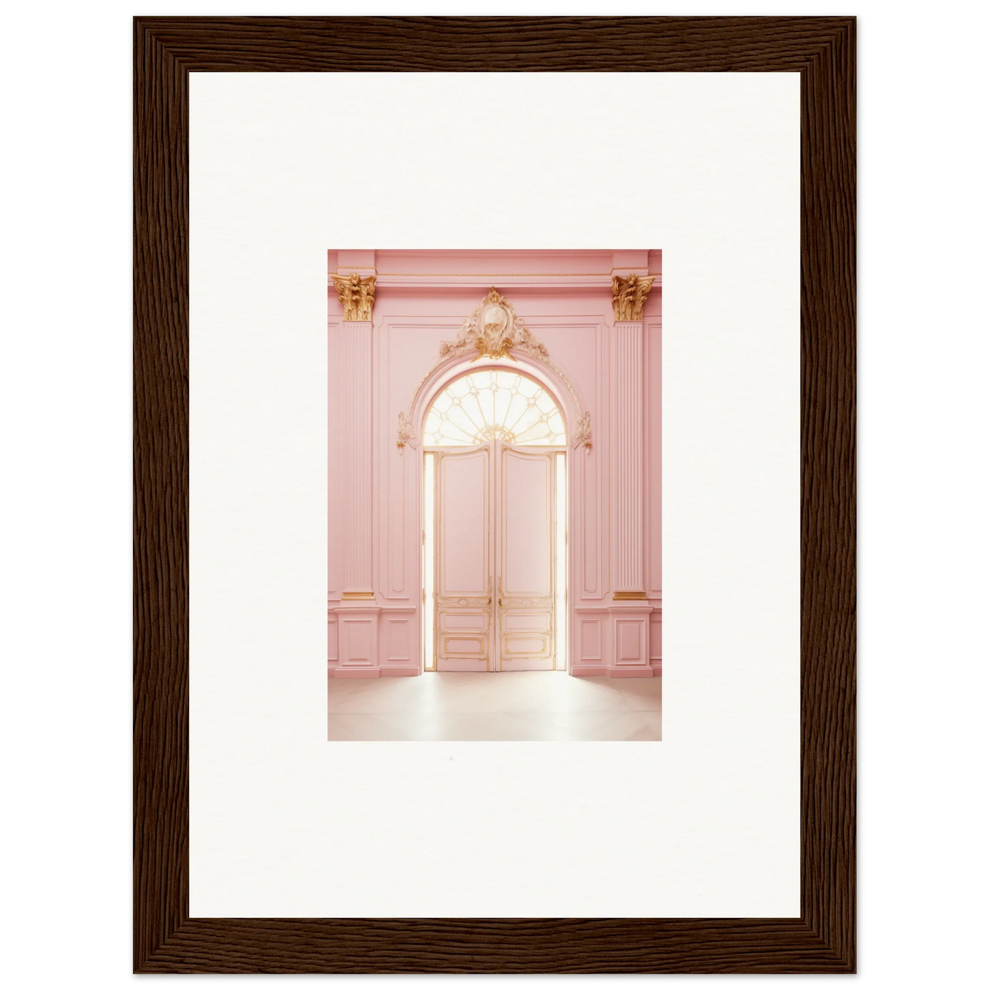 Ornate pink doorway with gold touches, perfect for Luminous Dreams Portal framed wall art