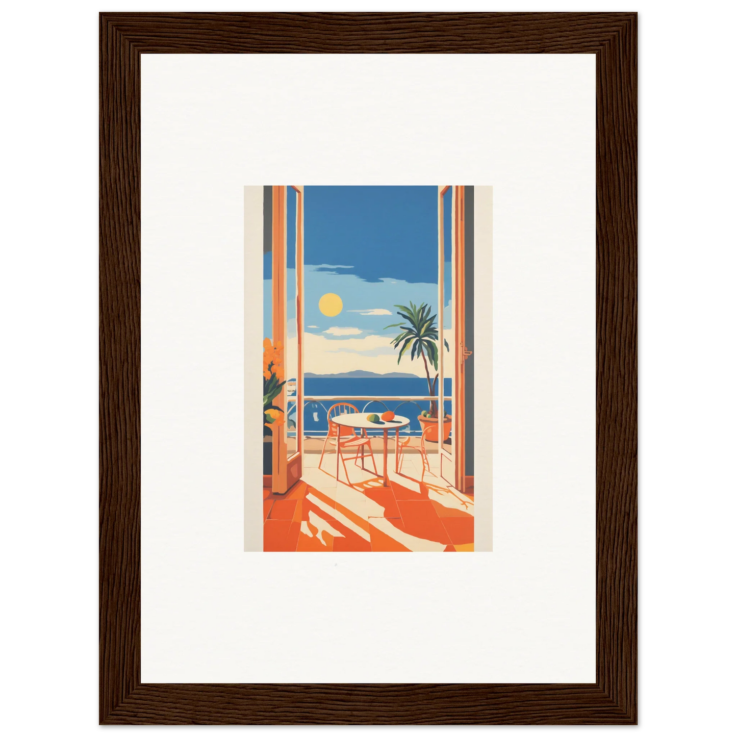 Framed vintage-style travel poster of a coastal balcony for Tranquil Mirage Brunch