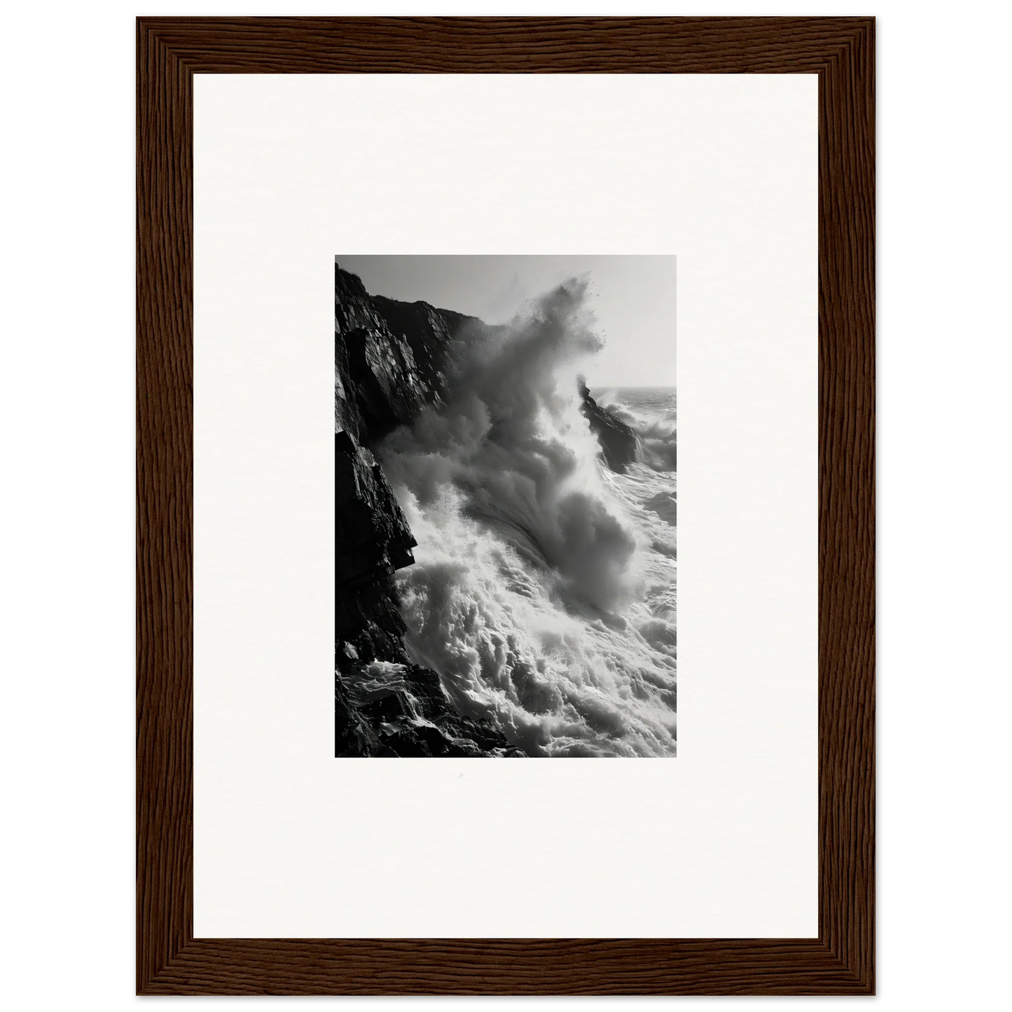 Powerful ocean waves crashing on cliffs in Ephemeral Echoes Surge framed wall art