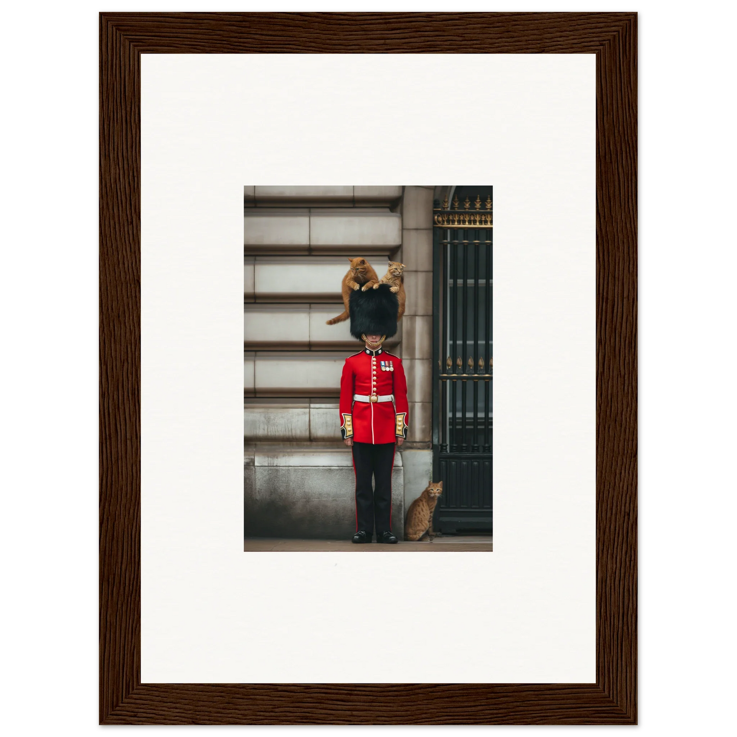 Ginger cat on a Queen’s Guard in red uniform at Sensational Sentinels’ Playground