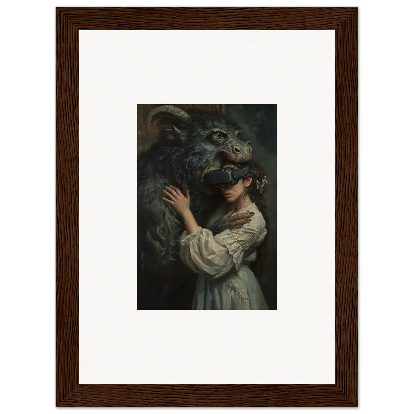 Framed dark artwork of a figure in white dress embracing a smoky reality monster