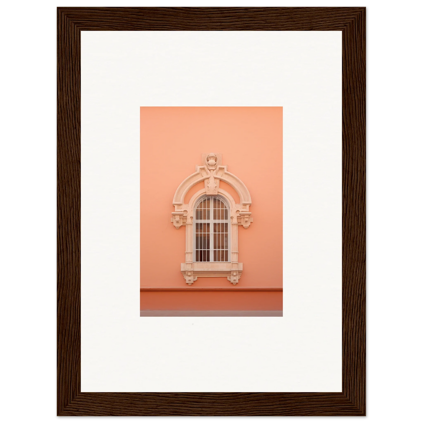 Opulent Dualities Neoclassical art featuring ornate arched window on a peachy-pink wall