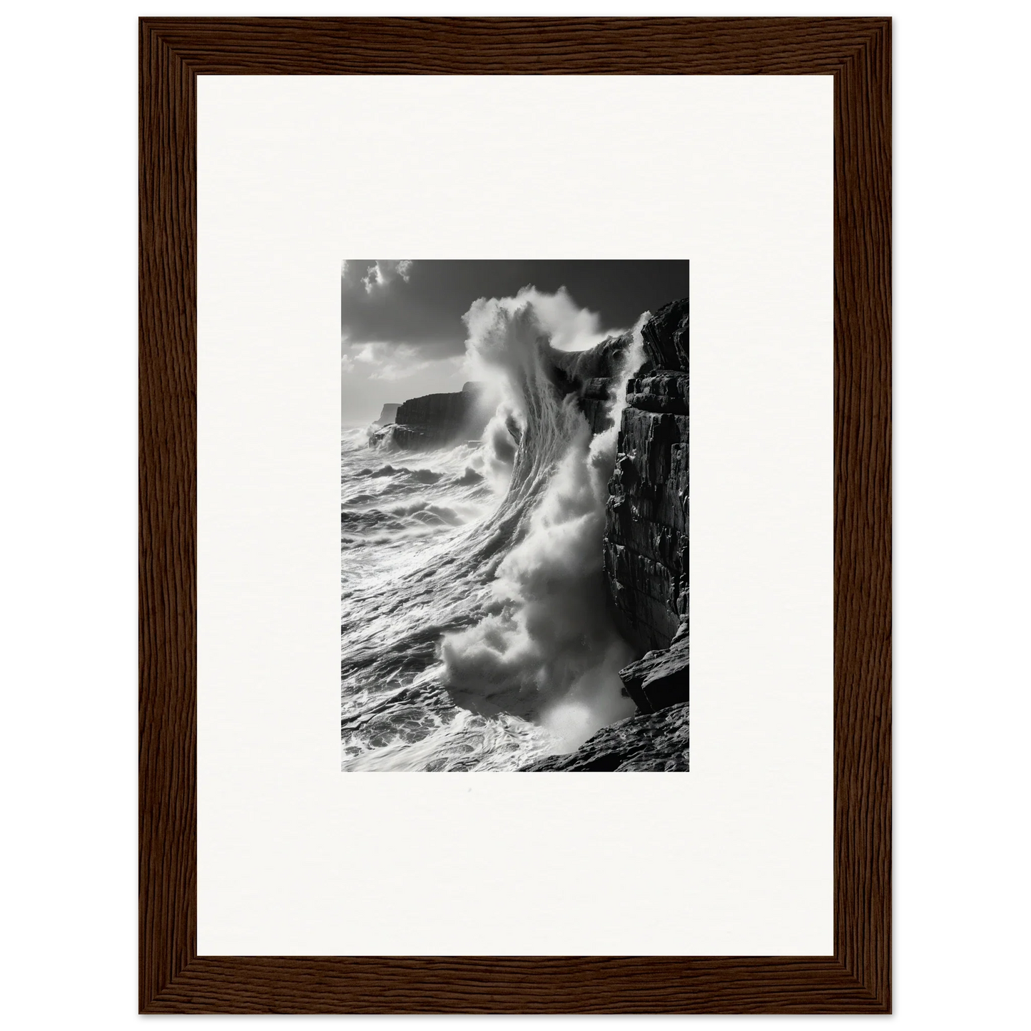 Powerful ocean wave crashing on rocky cliff in Tidal Curved Reality framed wall art