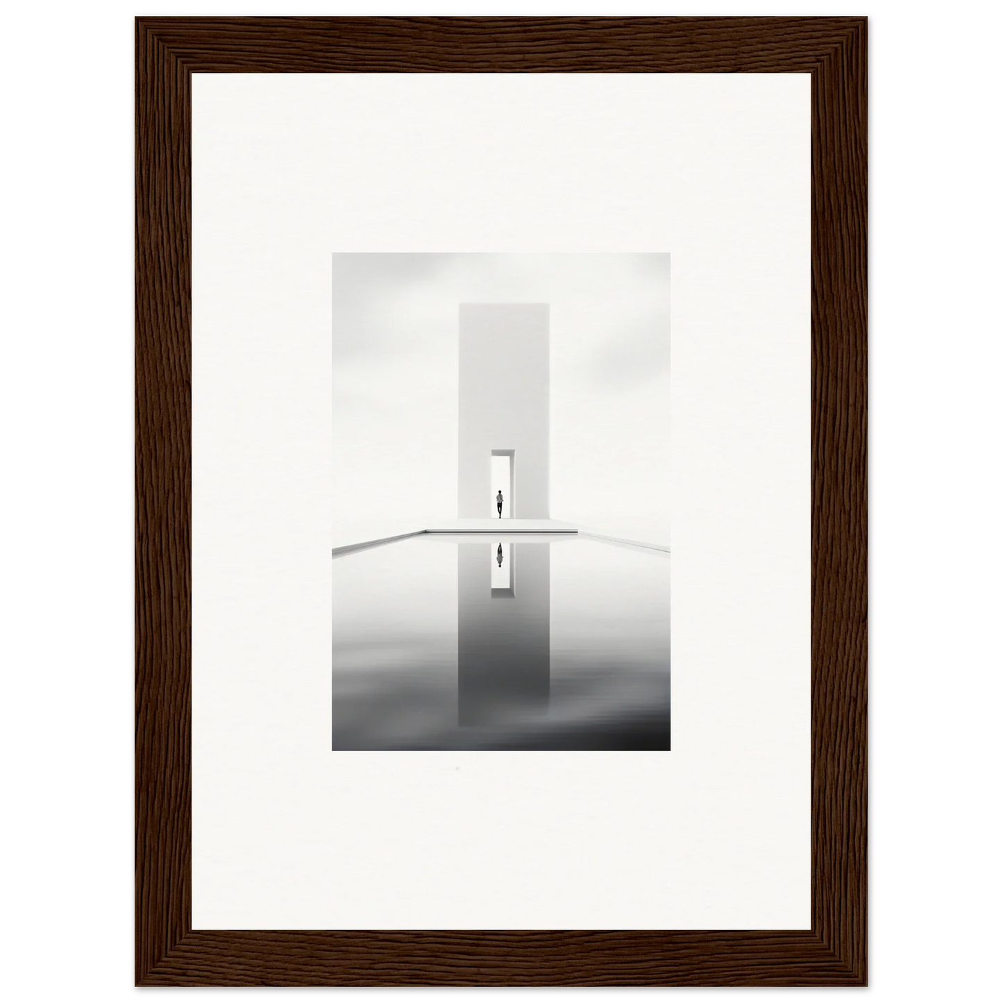Framed black and white art of a tower reflection, perfect for Dreamer’s Vanishing Silhouette