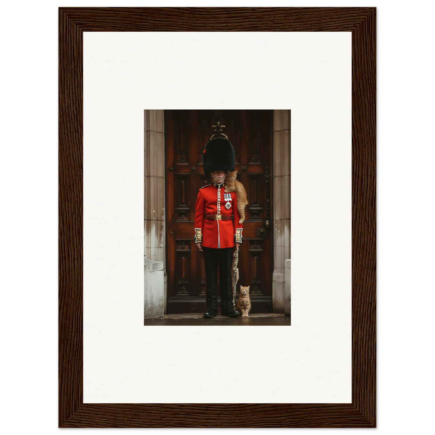 Queen’s Guard in red uniform beside a cat for God Save special edition art™