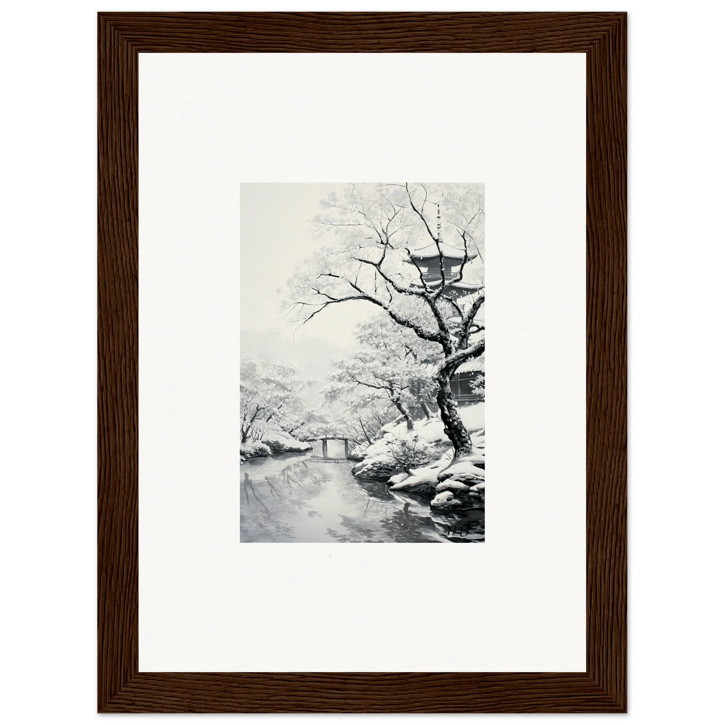 Framed black and white artwork of a snowy landscape for Chilled Lunar Embrace
