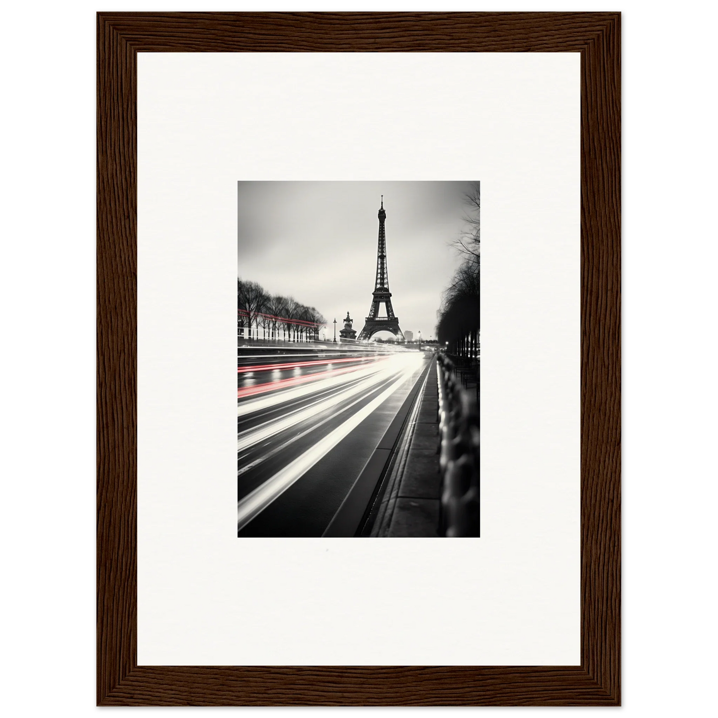 Framed black and white Eiffel Tower photo with light trails from Eternal Windsweep Halo
