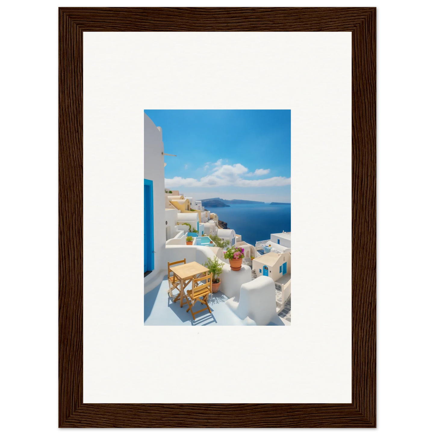 Framed photograph of Santorini’s white buildings in Dream-Touched Odyssey special edition art™