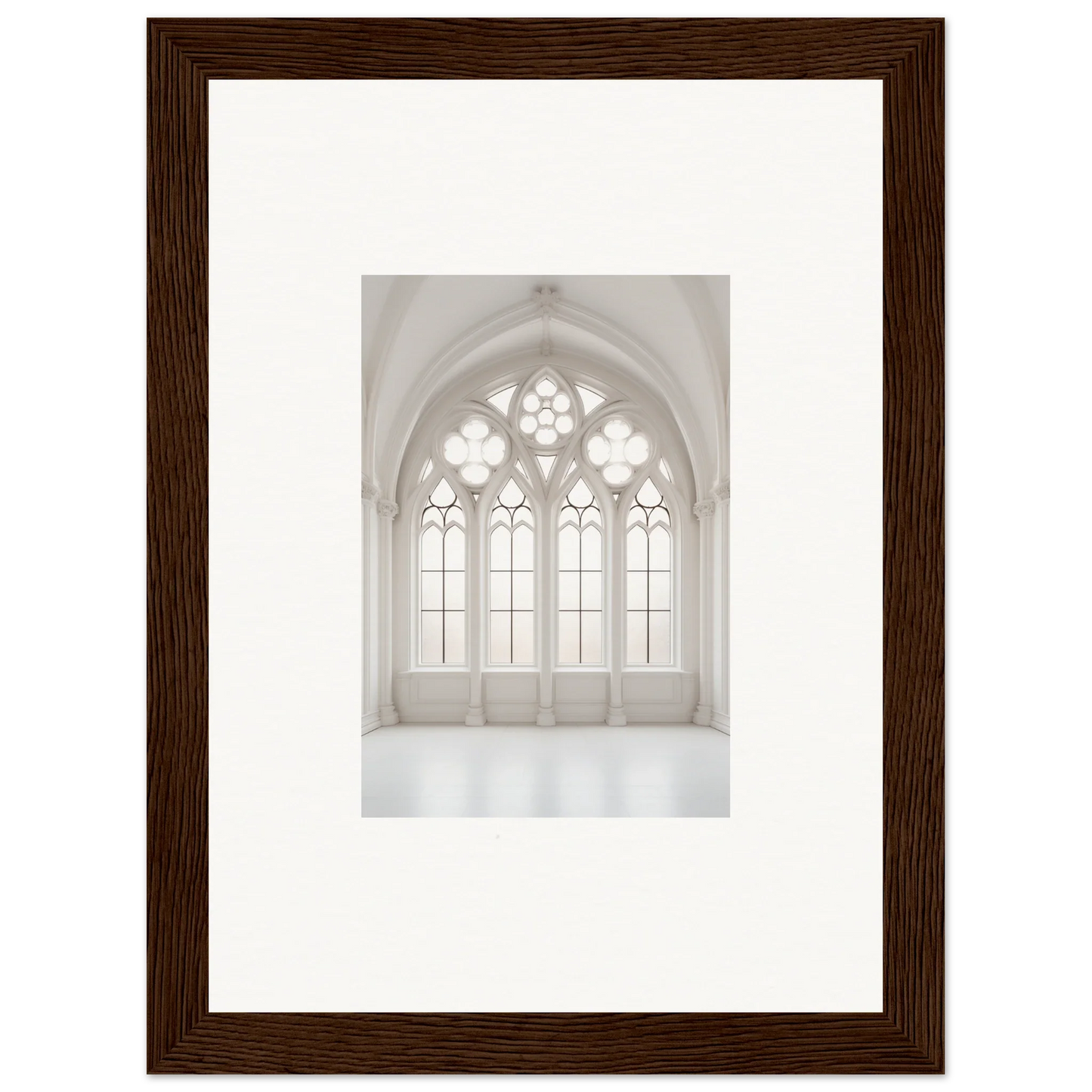 Gothic arched window with ornate details in Ethereal Light Elegy framed wall art