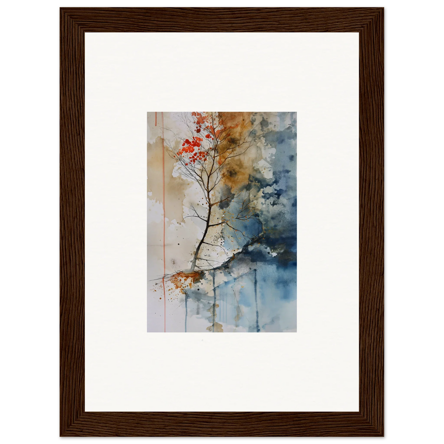 Framed watercolor wall art of Autumn Echoes with a tree branch and red leaves