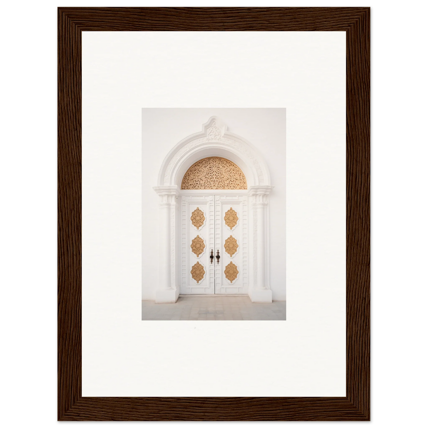 White double doors with gold patterns and arched window from Gilded Mirage Passage art