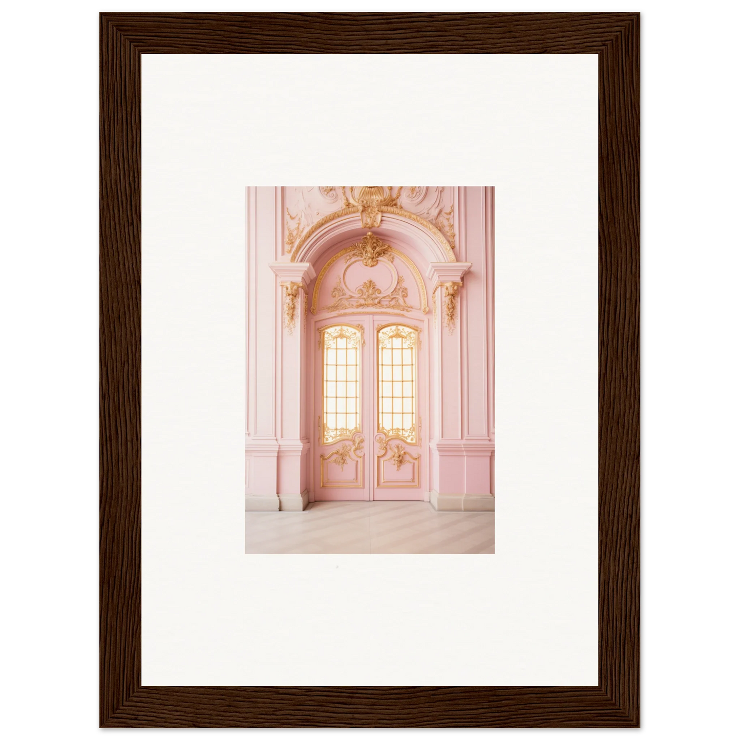 Ornate pink double doors with stylish arched windows in Ethereal Rose Haven art