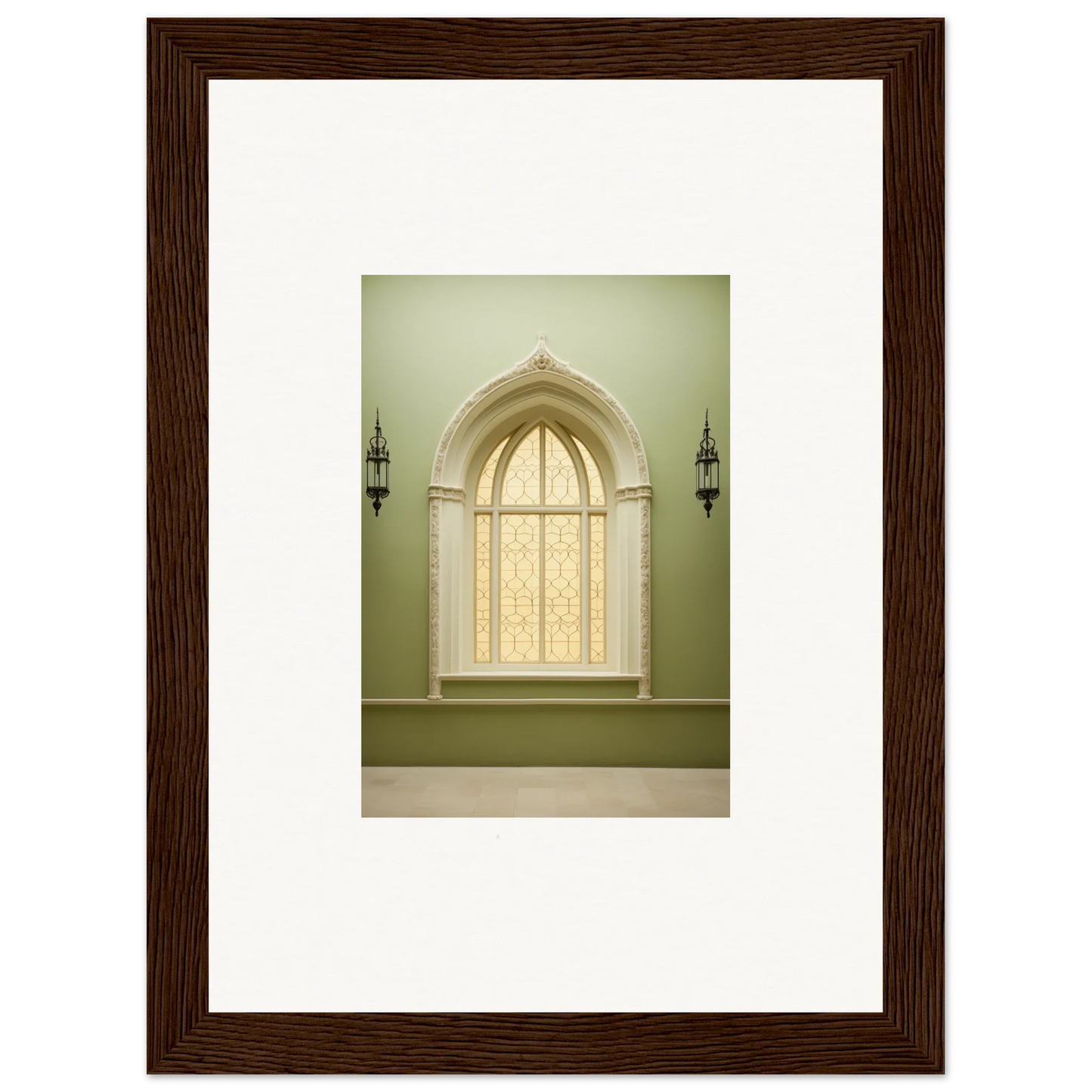 Arched window with lanterns in Opalescent Tranquility Dwelling framed wall art